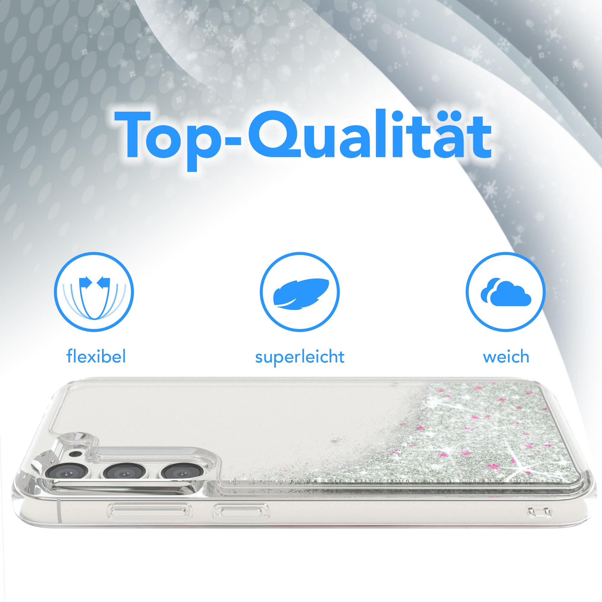 Eine Handyhülle mit Glitzer. Der Text 'Top-Qualität' und Symbole für flexibel, superleicht und weich.