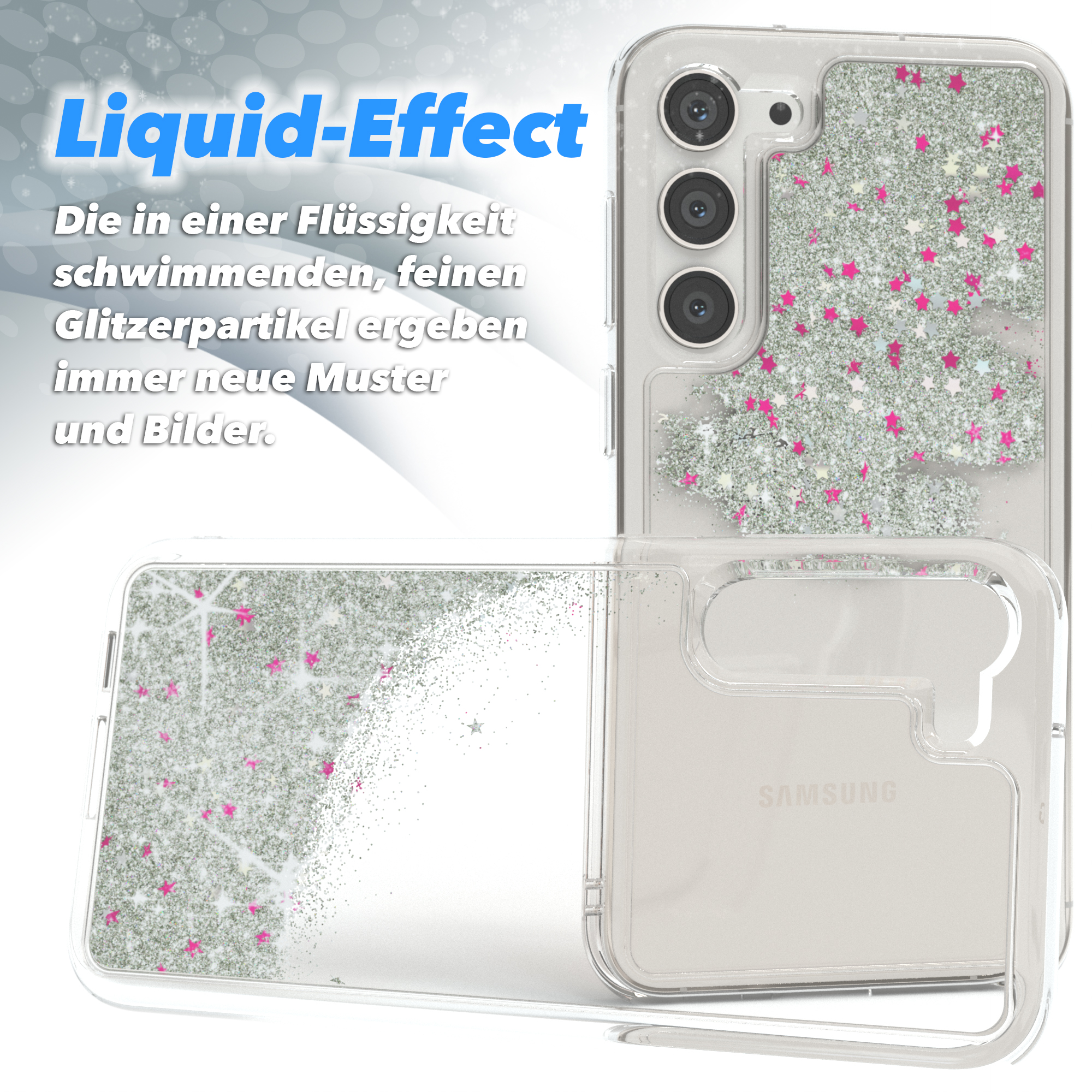Eine Handyhülle mit Flüssigkeit und rosa Sternen und das Handy darin.