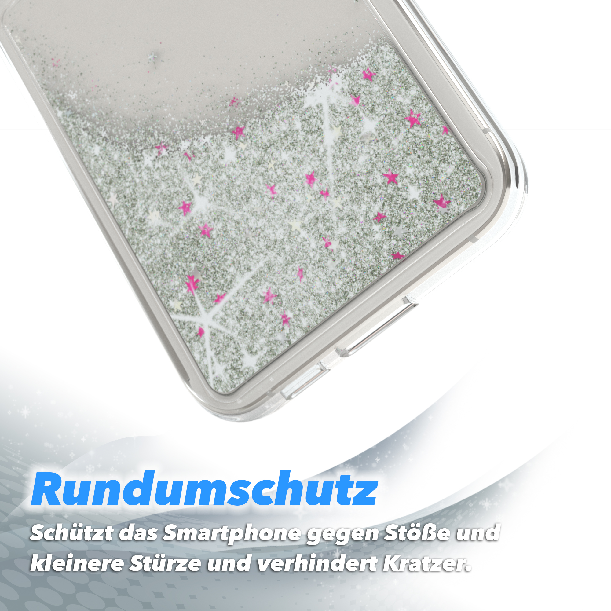 Transparente Handyhülle mit Glitzer und pinken Sternen, Text: 'Rundumschutz'.