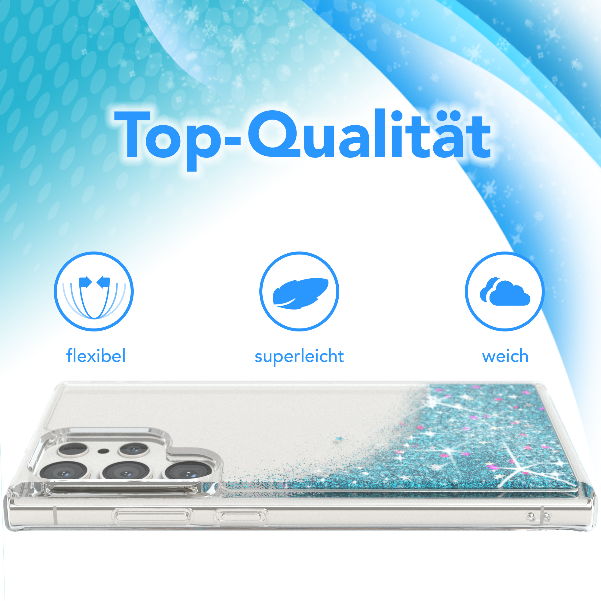 Transparente Handyhülle mit blauem Glitzer und Symbolen, die Flexibilität zeigen.
