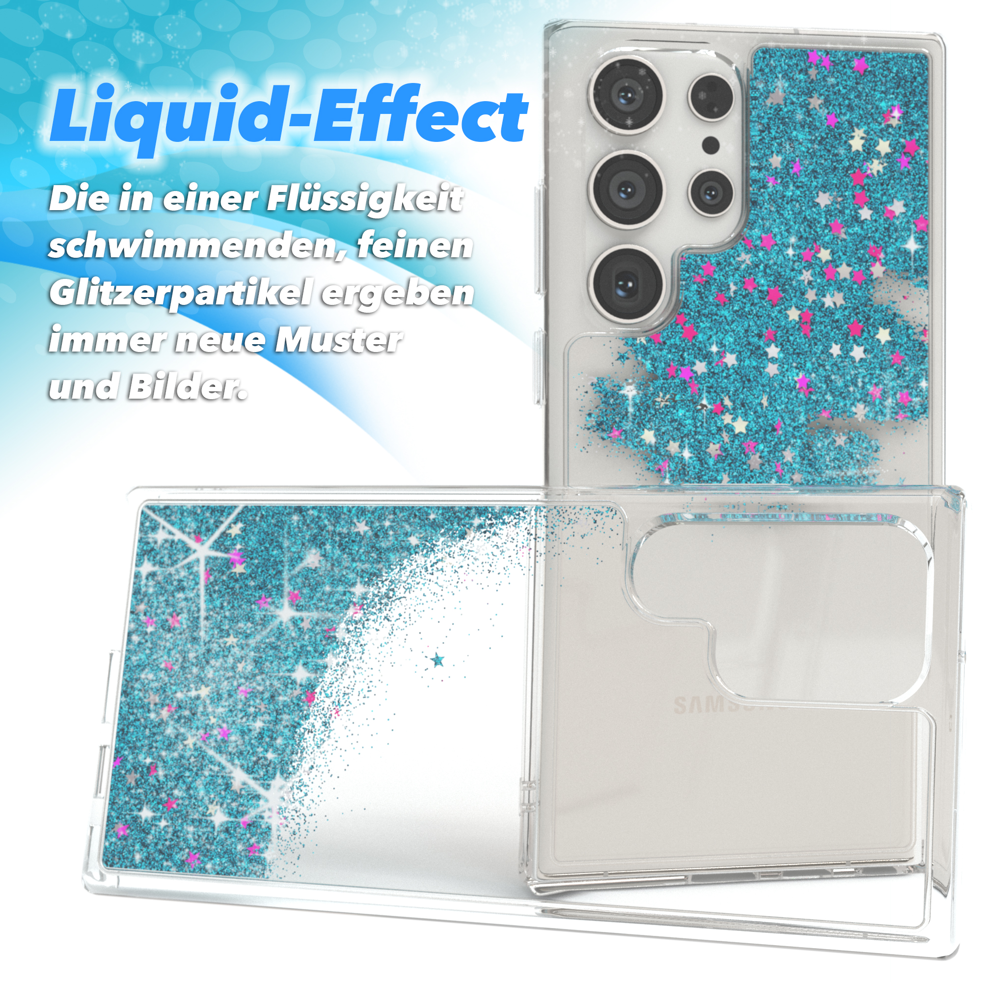 Handyhülle mit Glitzereffekt. Weißer Hintergrund.