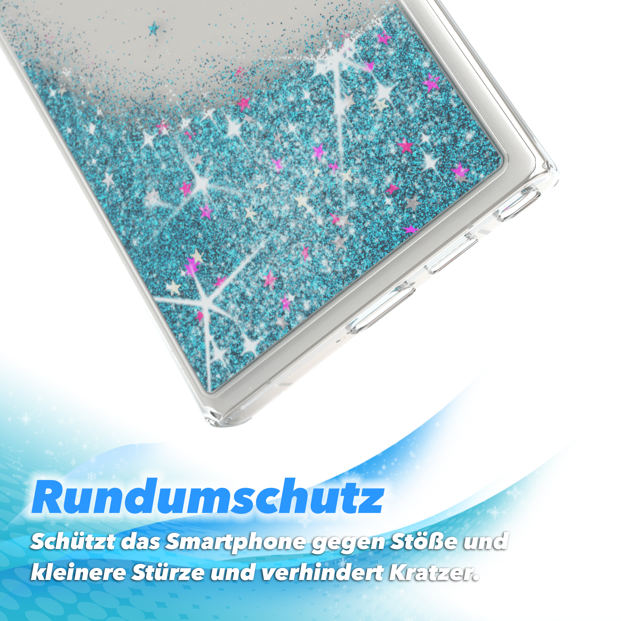 Transparente Handyhülle mit blauem Glitzer. Die Hülle befindet sich auf weißem Hintergrund.
