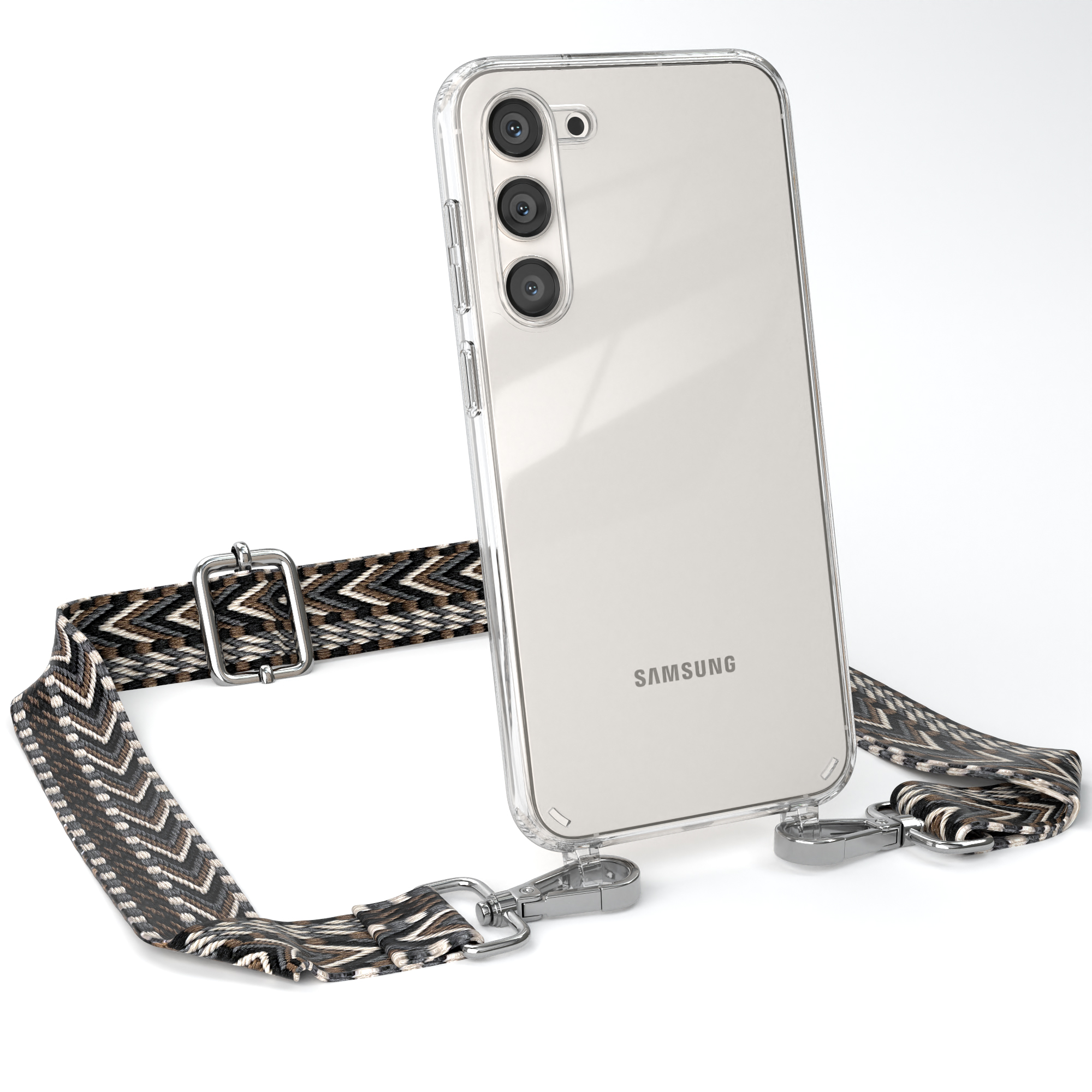 EAZY CASE Transparente Handyhülle mit Kordel Schwarz Grau Samsung, / Galaxy Style, Umhängetasche, Boho S23 Plus