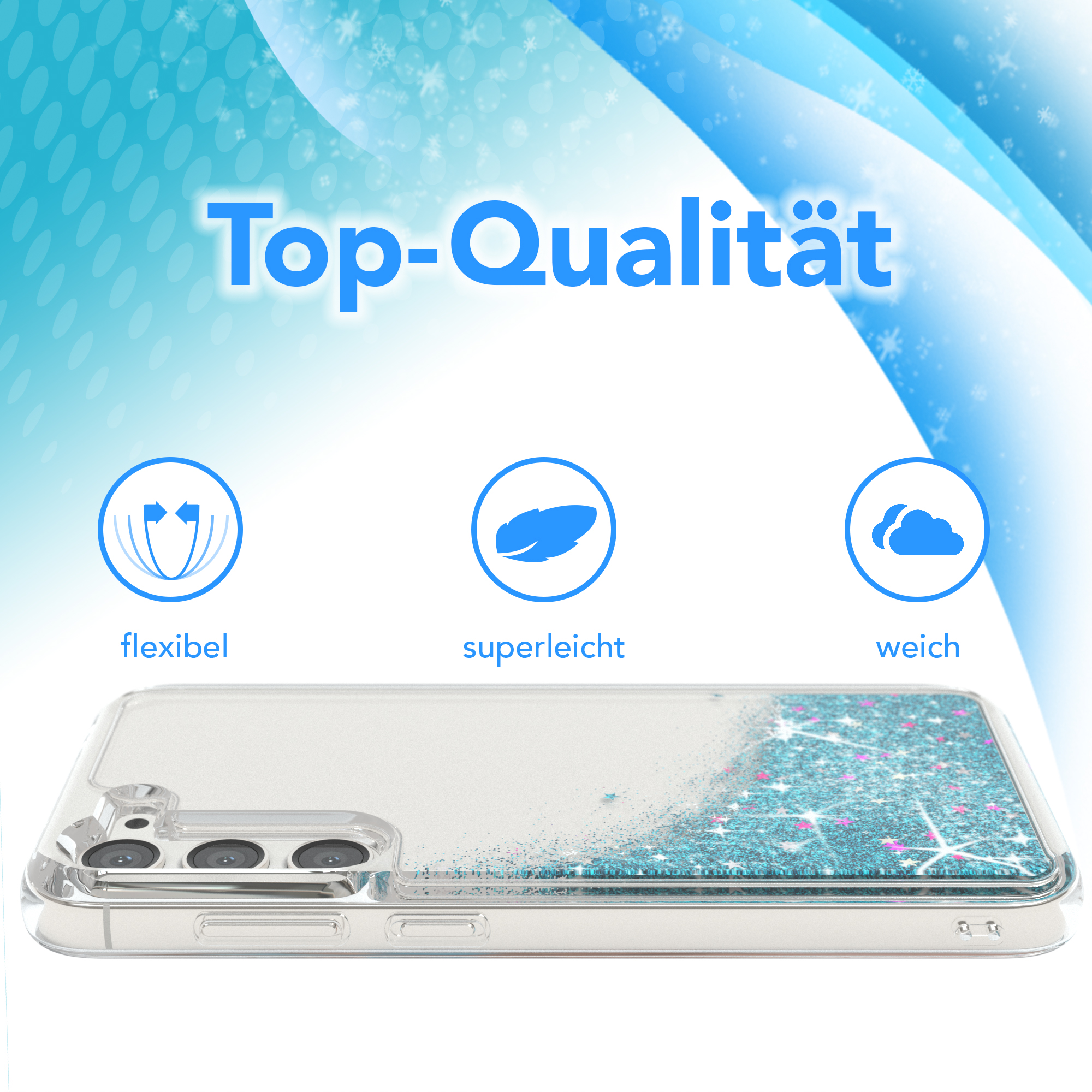 Transparente Handyhülle mit blauem Glitzer. Text: Top-Qualität, flexibel, superleicht und weich.