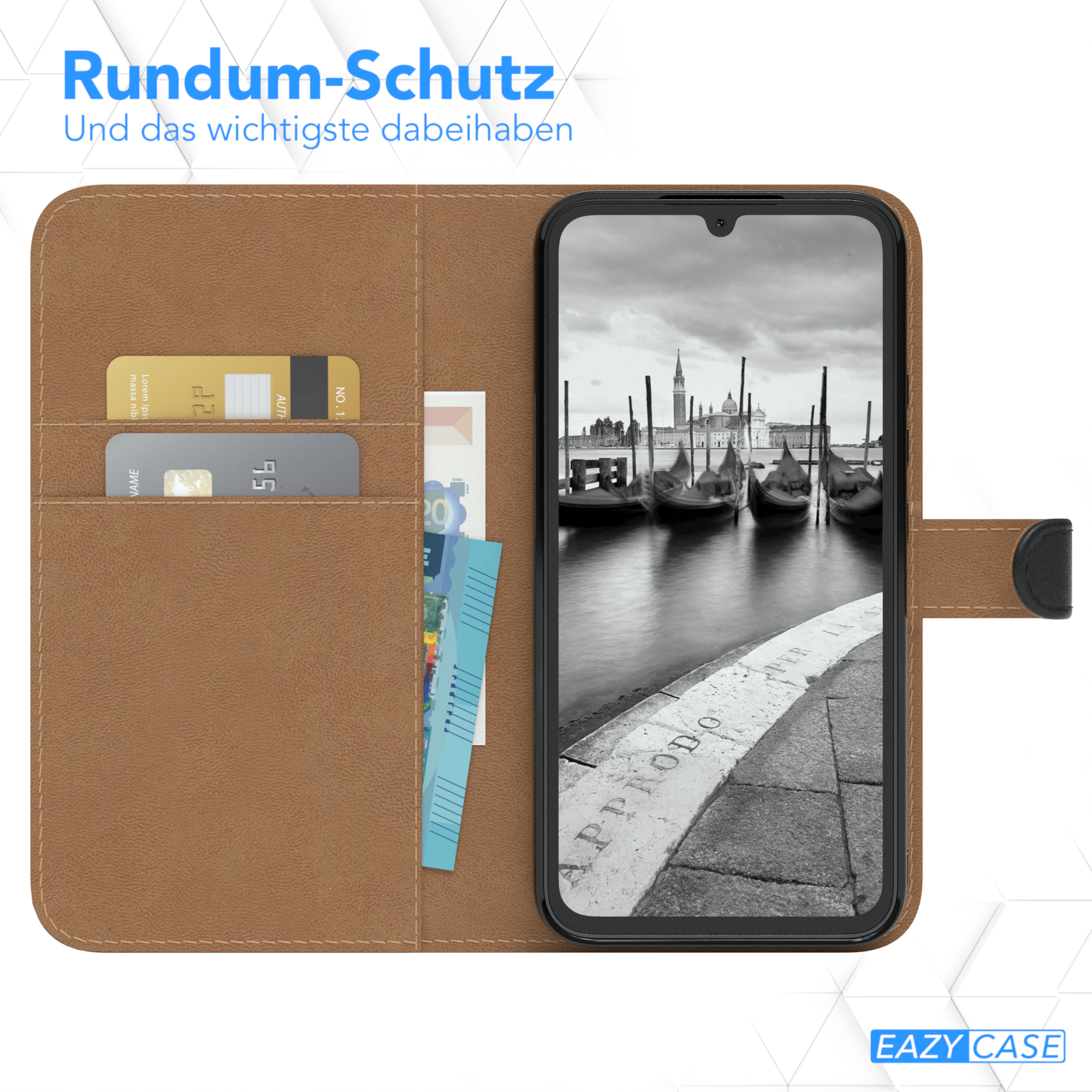 Eine Handytasche mit Telefon, Kreditkarten und Blick auf einen Kanal.
