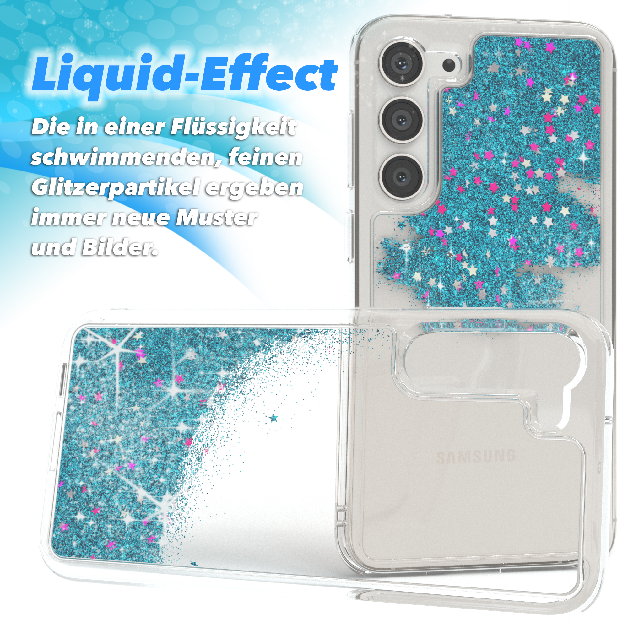 Transparente Handyhülle mit Glitzer und Sternen, Text Liquid-Effect, auf blau-weißem Hintergrund.