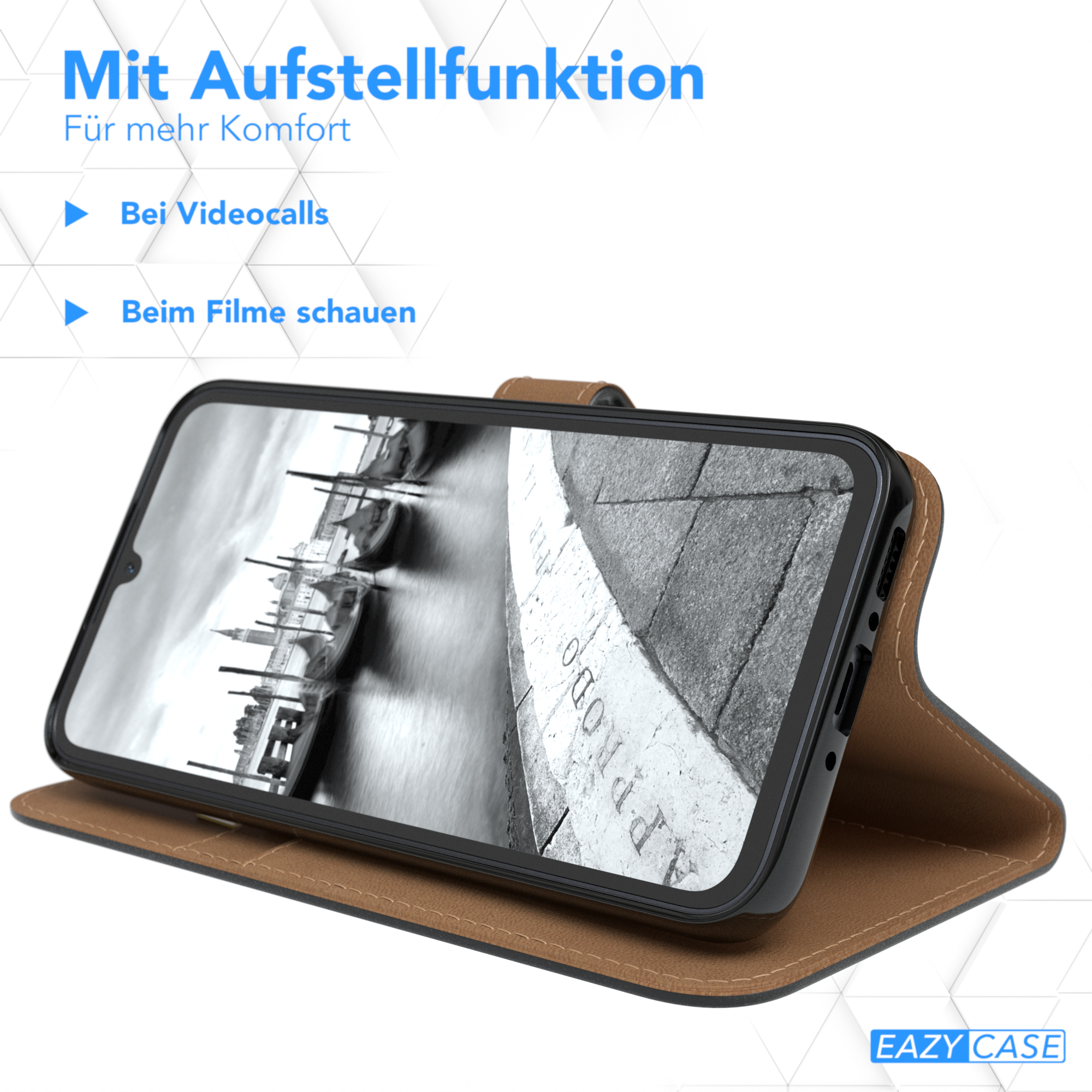 Ein Telefon in einer braunen Hülle, das ein Stadtbild zeigt, mit Text für Videoanrufe und Filmbetrachtung.