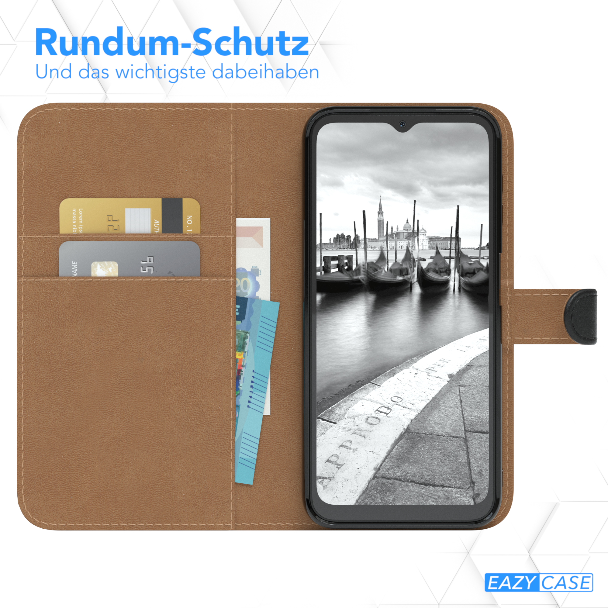 Braune Handyhülle offen, zeigt Telefon, Karten und eine Szene des Kanals von Venedig.
