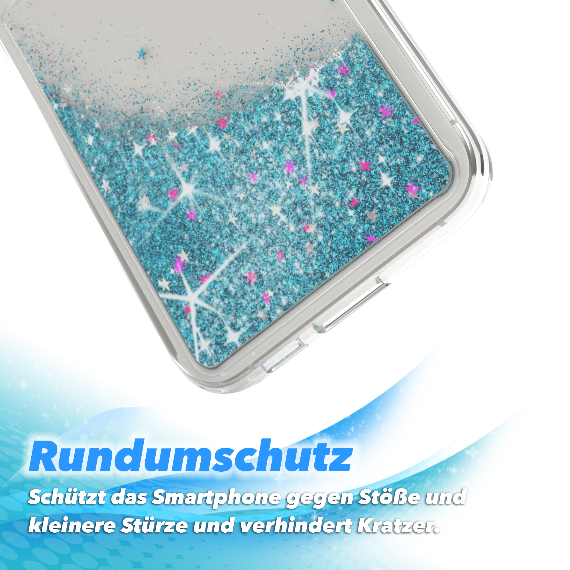 Nahaufnahme einer Handyhülle mit Glitzer. Die Hülle ist transparent mit blauem und pinkem Glitzer.