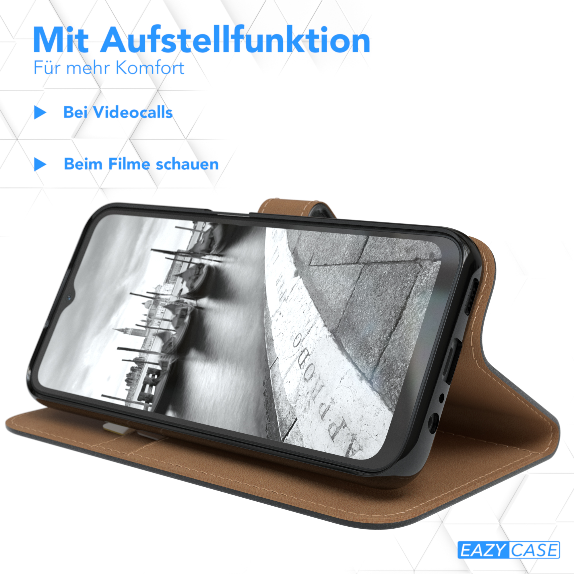 Telefon in brauner Lederhülle, zeigt Straßenszene. Text: Für Videoanrufe.