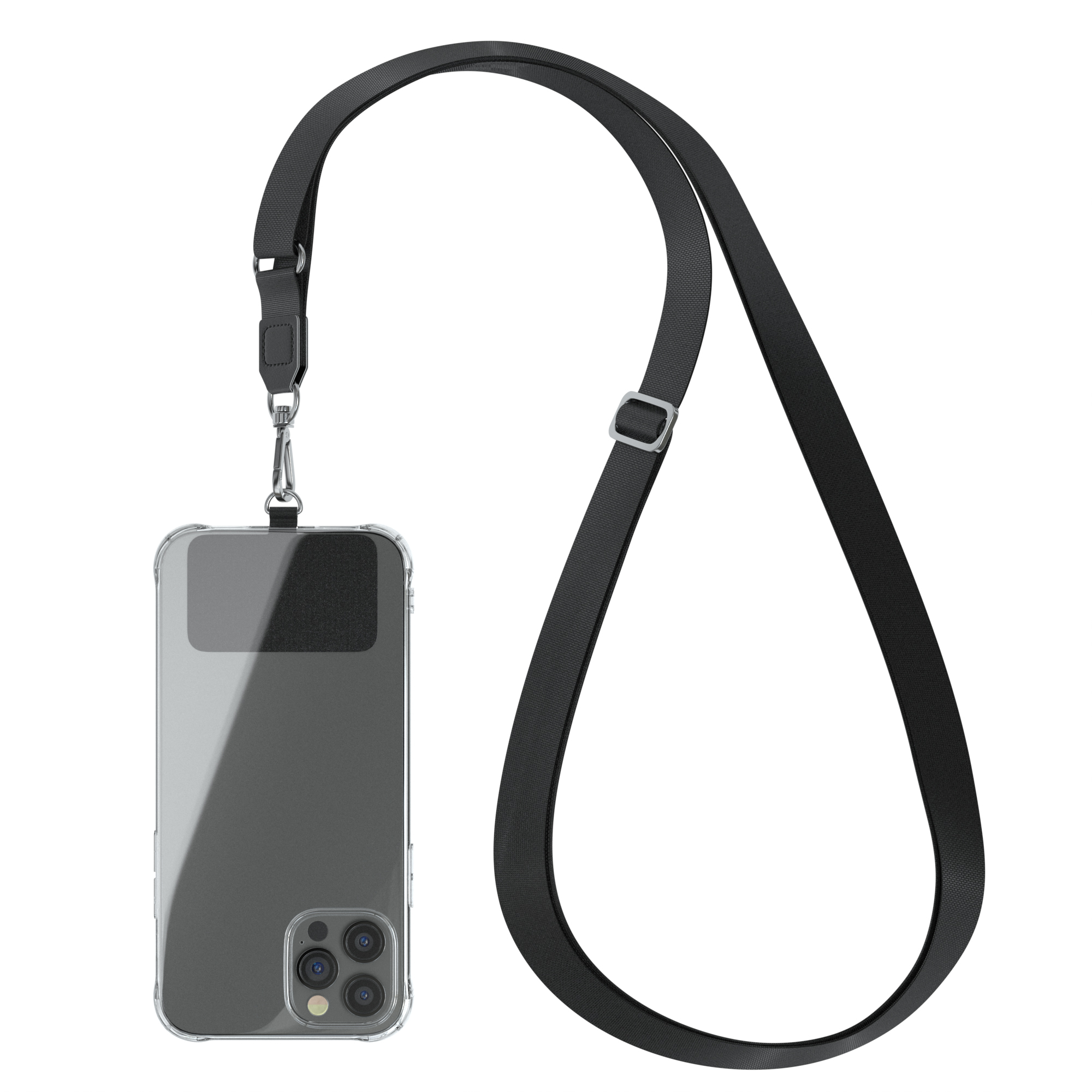 Smartphone mit transparentem Gehäuse und schwarzem Gurt. Das Telefon ist im Gehäuse.
