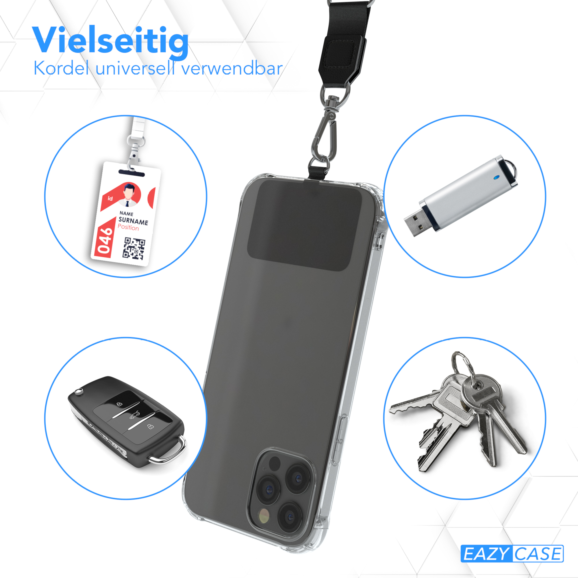 Eine Handyhülle mit Schlüsselband, Schlüsseln, USB-Stick und Ausweis, die Vielseitigkeit veranschaulicht.