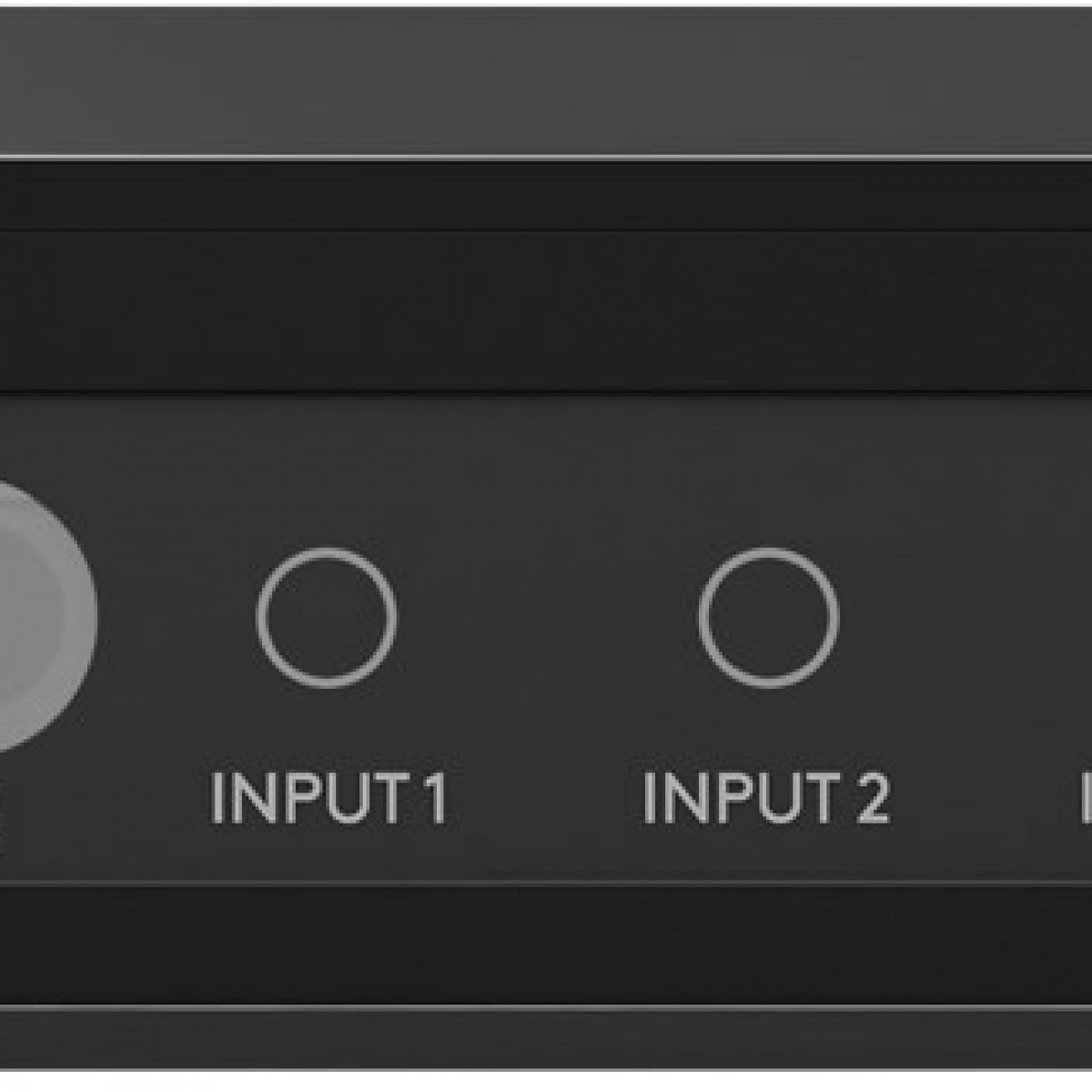 Schwarzes Audiogerät mit den Bezeichnungen Input 1 und Input 2.