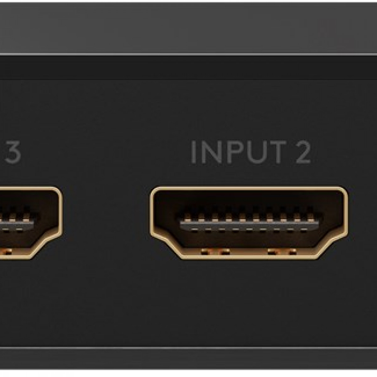 Nahaufnahme eines schwarzen HDMI-Eingangsfelds mit zwei Anschlüssen mit der Aufschrift 'INPUT 2' und 'INPUT 3'.