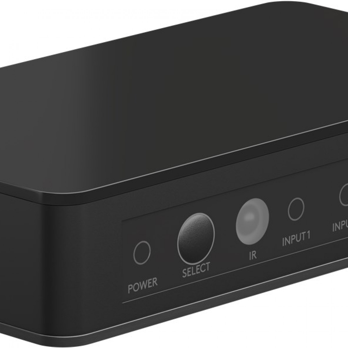 Schwarze Box mit Tasten für Strom, Auswahl und Eingang. Es hat ein schlankes Design und befindet sich auf weißem Hintergrund.