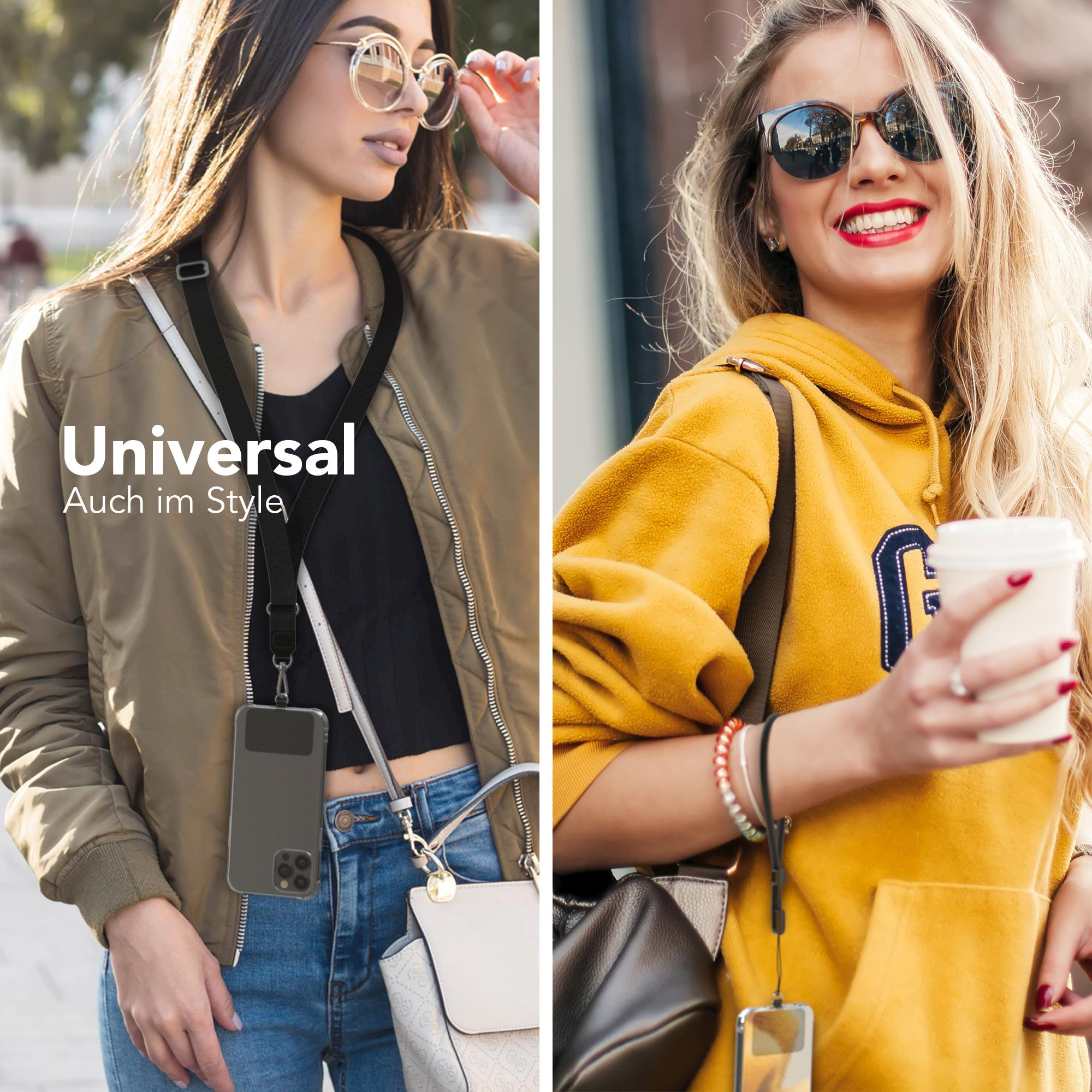 Zwei Personen halten Telefone mit Lanyards. Das Wort „Universal“ steht links.