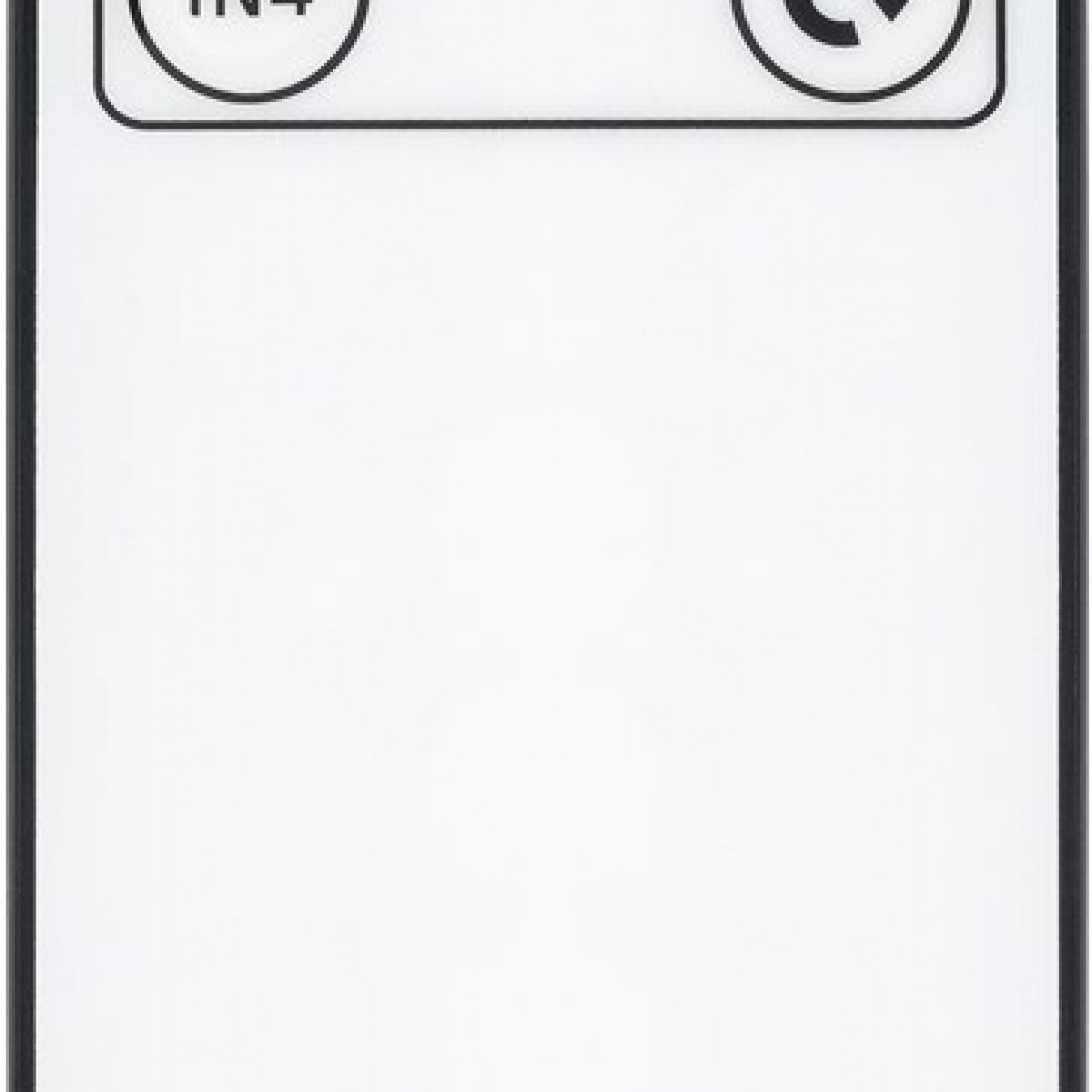 Nahaufnahme eines weißen Etiketts mit schwarzem Text, der IN4 und ein Symbol zeigt.