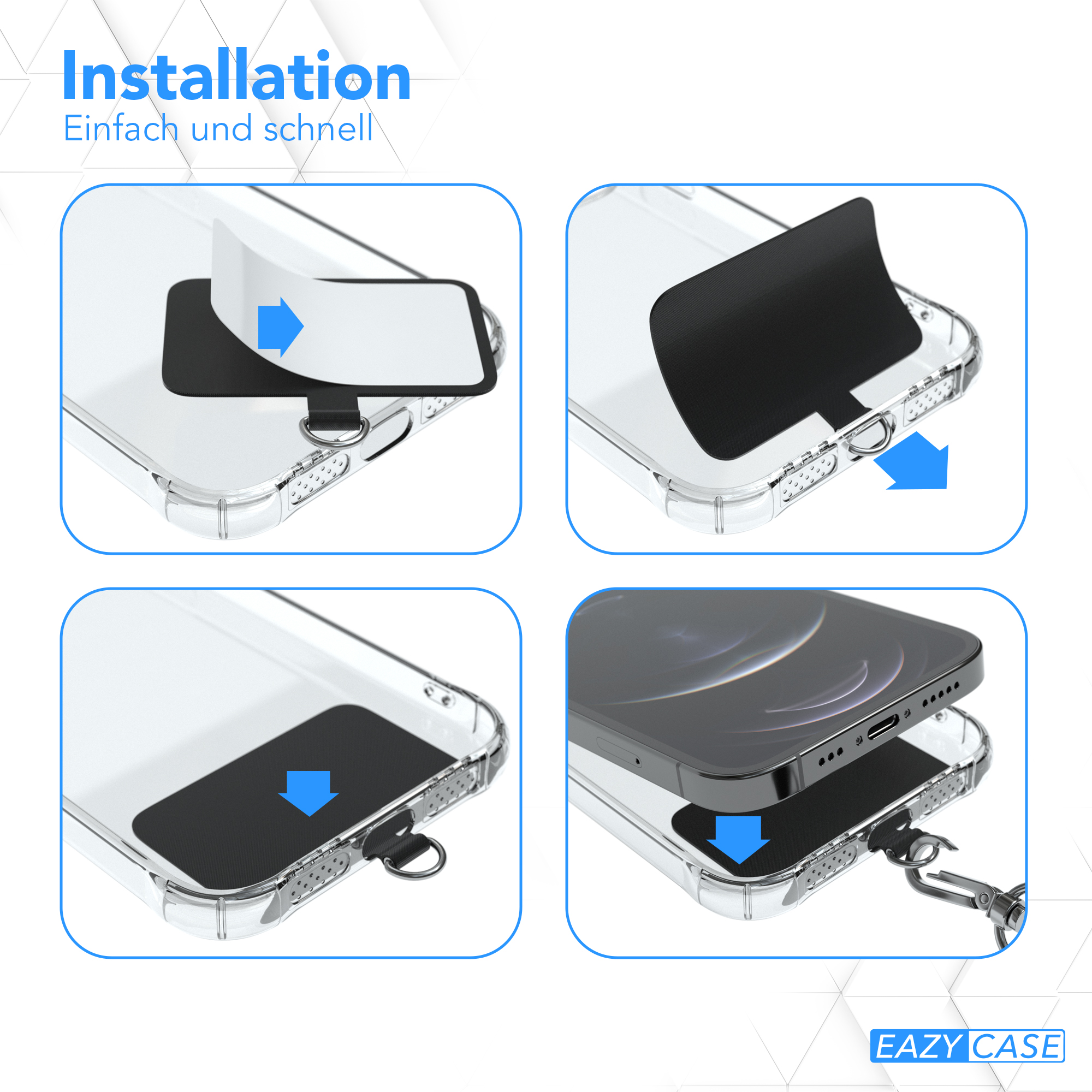 Vier Bilder, die einen Installationsprozess für eine Handyhülle zeigen. Enthält ein Telefon und Zubehör.
