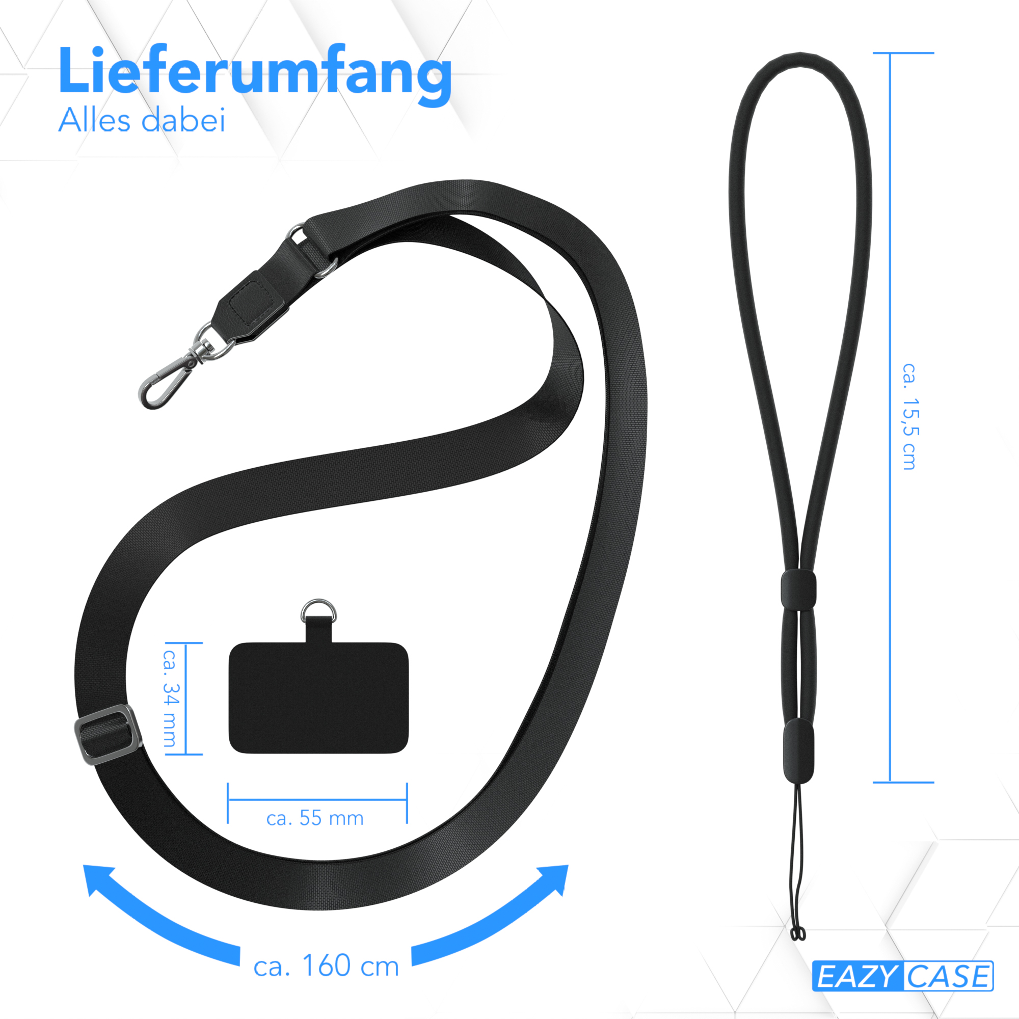 Schwarzer Telefonriemen mit angegebenen Abmessungen. Ein Rechteck und das Markenlogo.