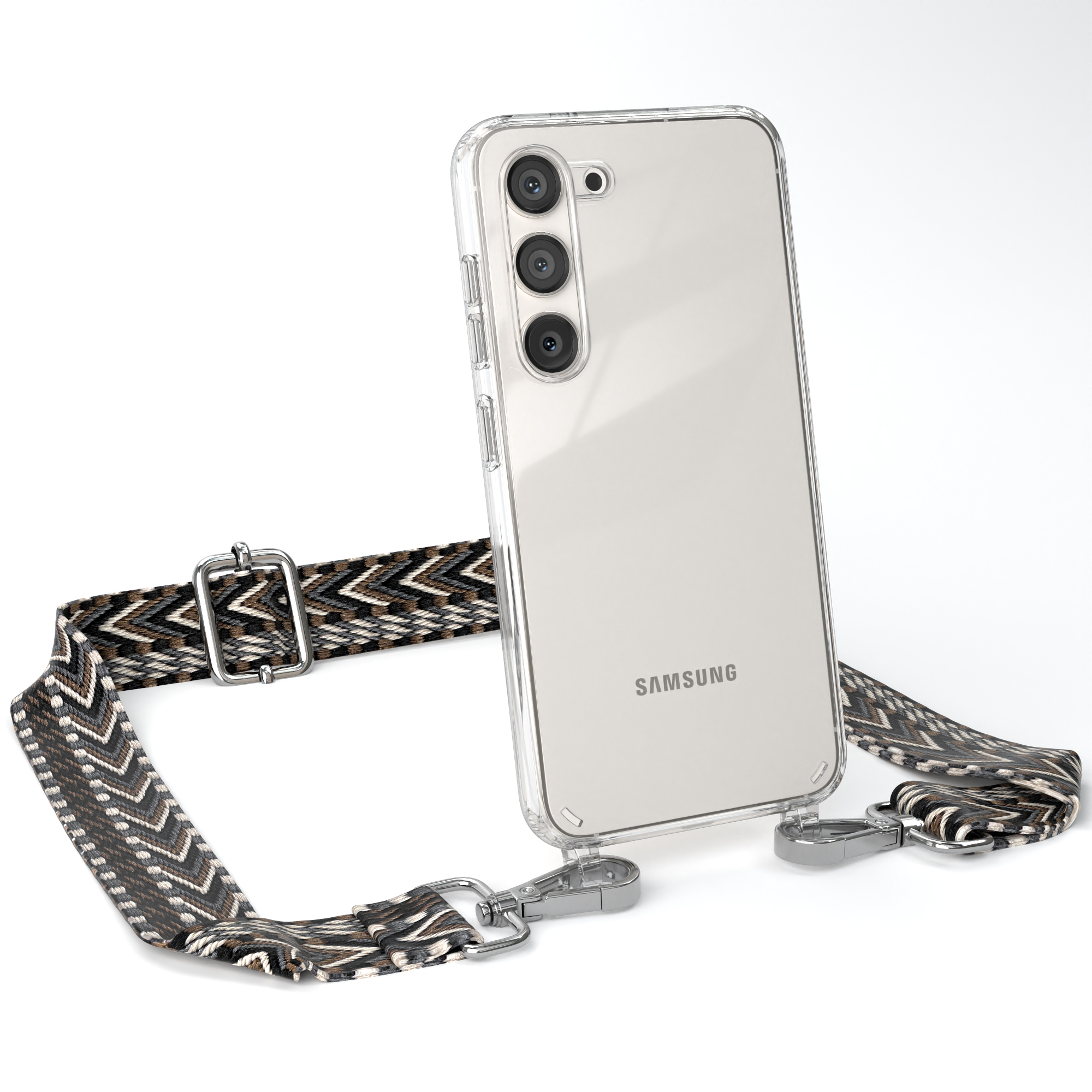 EAZY CASE Transparente Handyhülle mit Samsung, Galaxy Boho Kordel Schwarz Grau Umhängetasche, / S23, Style