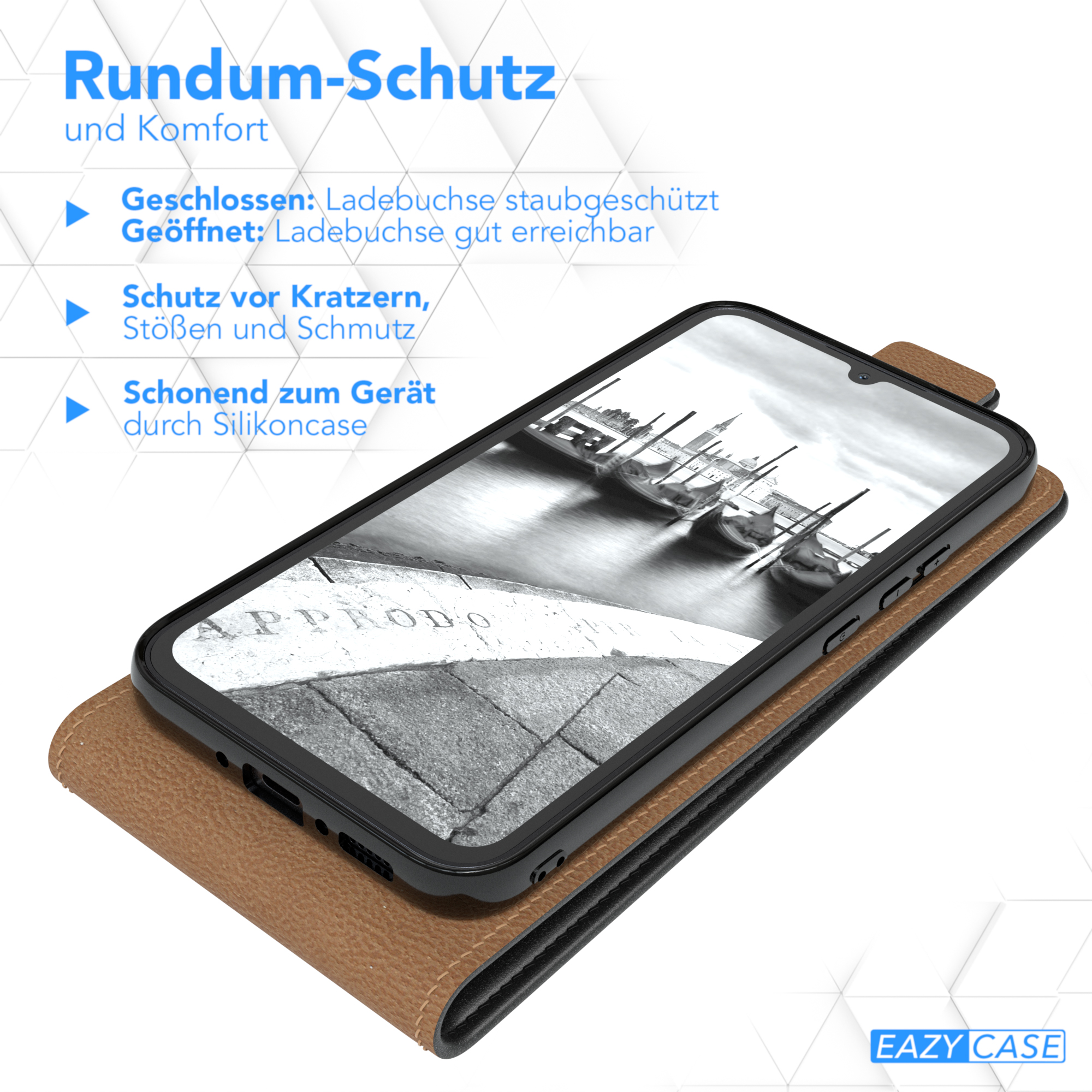Ein Telefon in einer braunen Hülle auf weißem Untergrund. Text über Schutz steht oben.