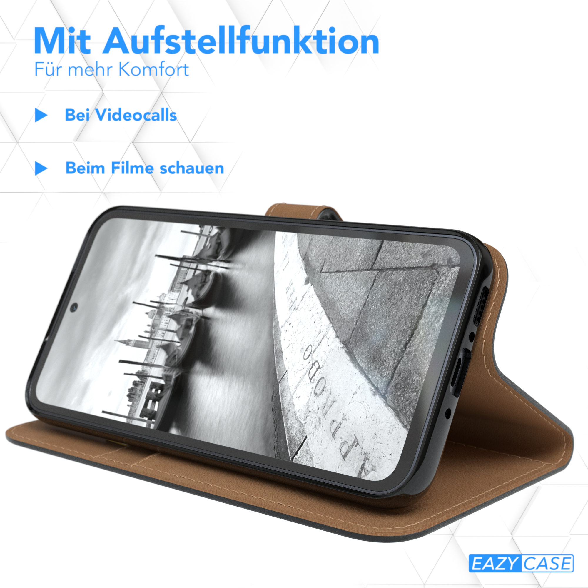 Smartphone in einer braunen Hülle, geöffnet, um den Bildschirm anzuzeigen. Text sagt 'Bei Videocalls' und 'Beim Filme schauen'.
