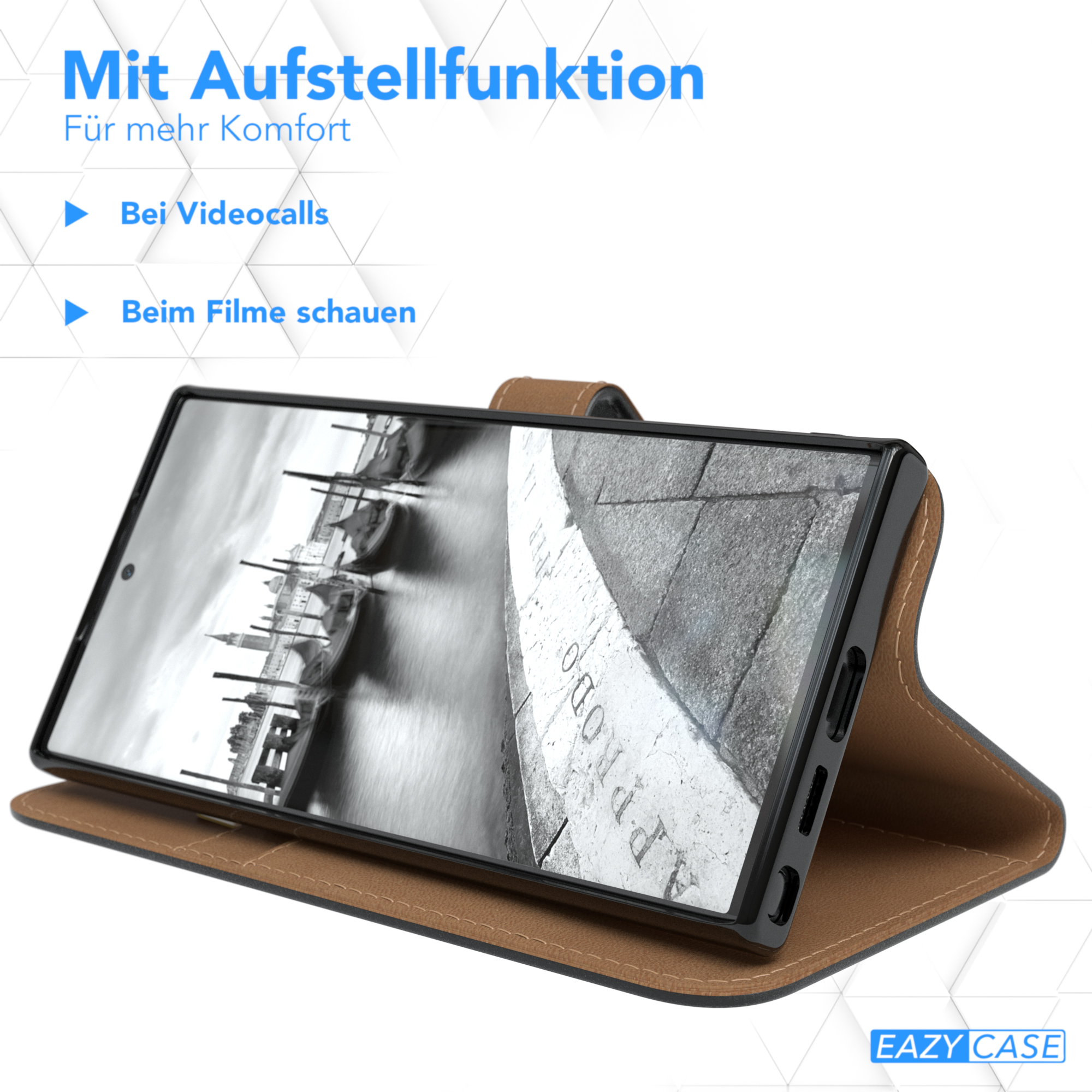 Ein Telefon in einer braunen Hülle auf weißem Untergrund, mit Text über die Aufstellfunktion.