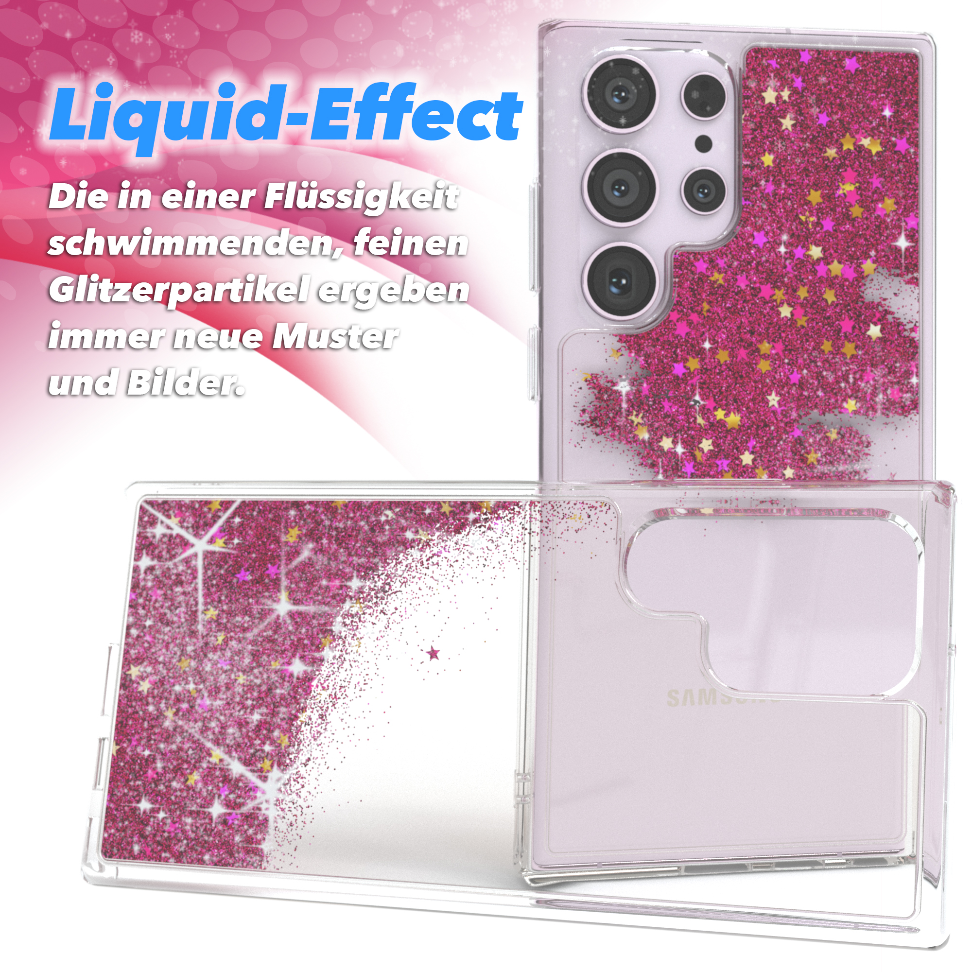Transparente Handyhülle mit rosa Glitzer und Sternen. Text ist sichtbar, mit Flüssigkeitseffekt.