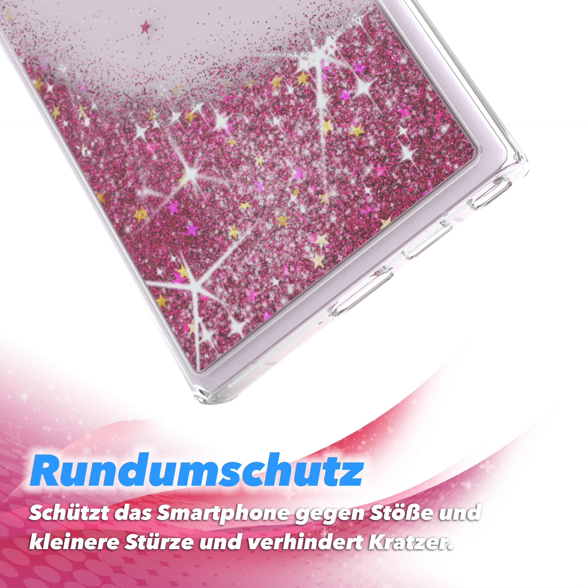 Eine Handyhülle mit pinkem Glitzer und Sternen, mit Text, der den Schutz vor Stößen hervorhebt.