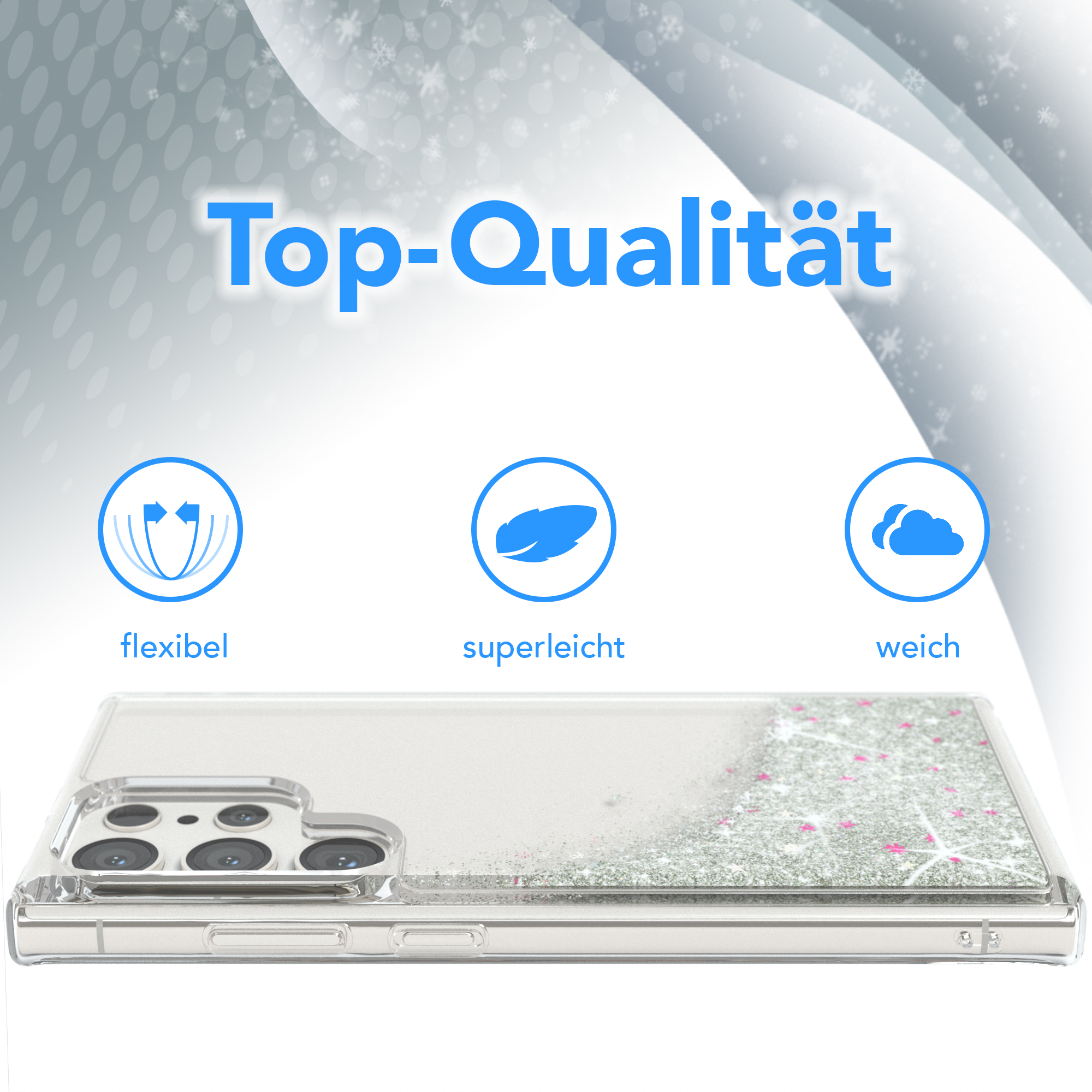 Transparente Handyhülle mit Glitzer, zeigt Top-Qualität und flexibles Design, weißer Hintergrund.