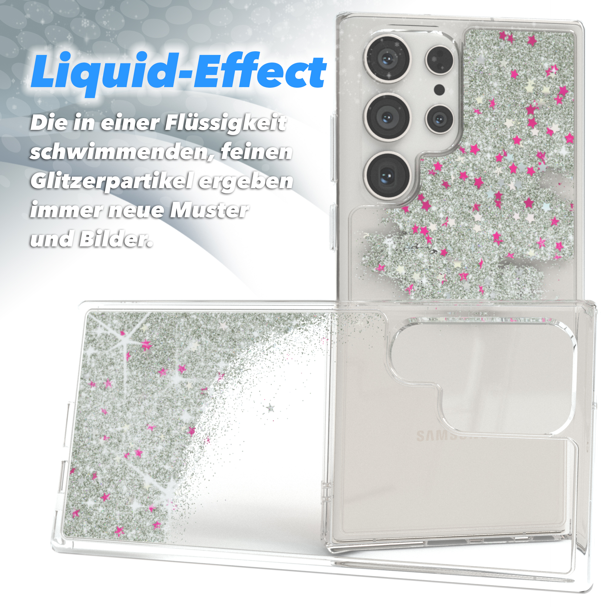 Transparente Handyhülle mit Glitzer und Sternen. Zeigt ein Telefon innen. Flüssigkeitseffekt.