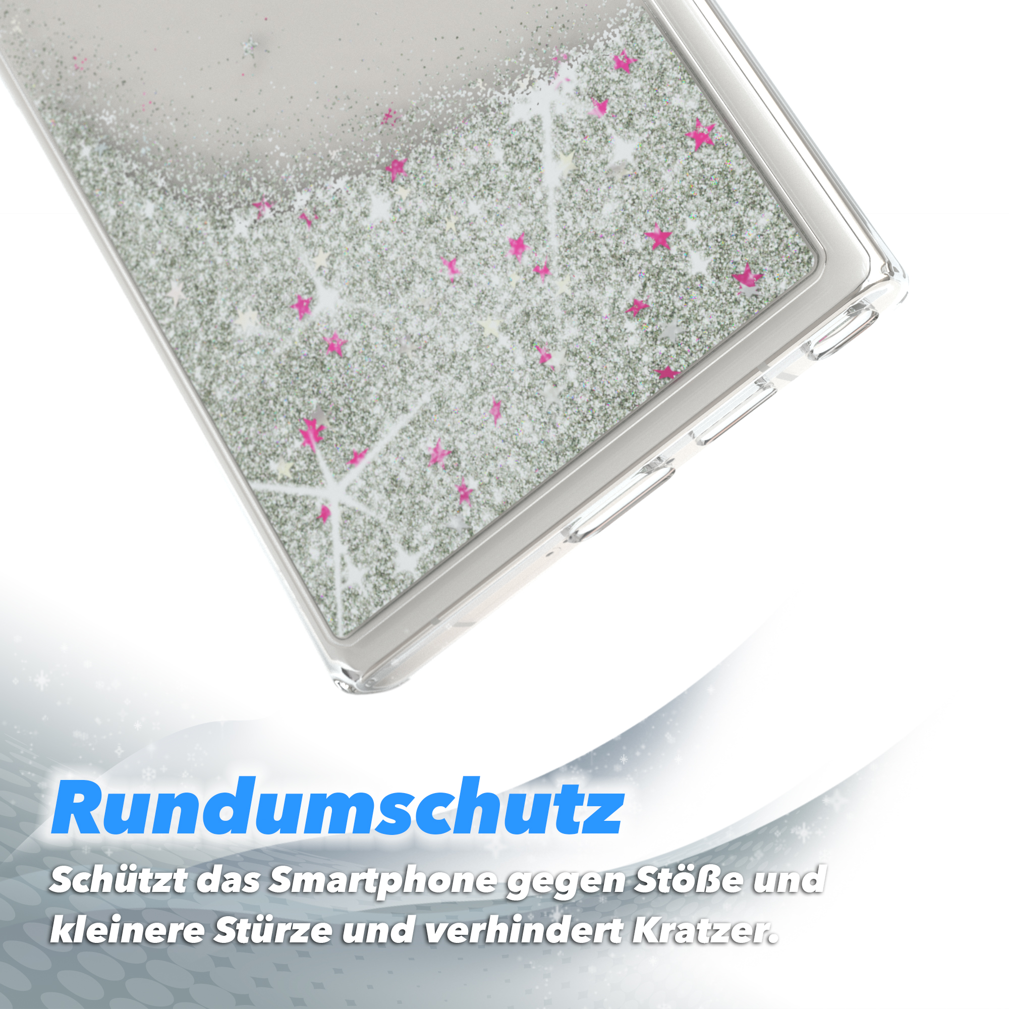 Transparente Handyhülle mit Glitzer und rosa Akzenten. Der Hintergrund ist blau.
