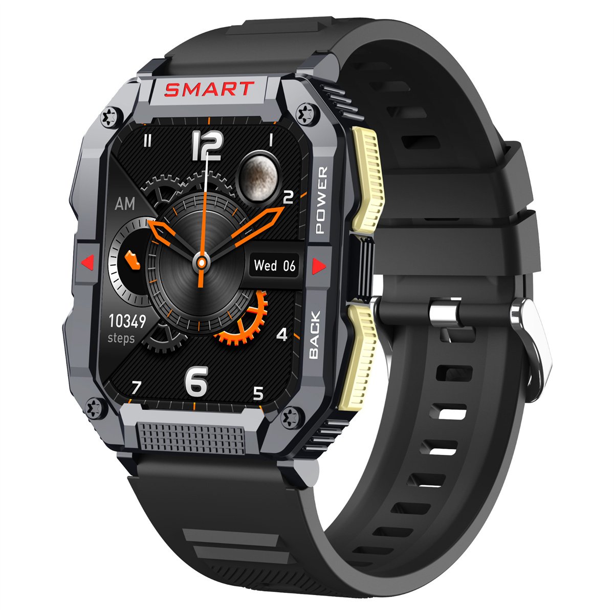 Schwarze Smartwatch, die Schritte, Zeit und Datum anzeigt.