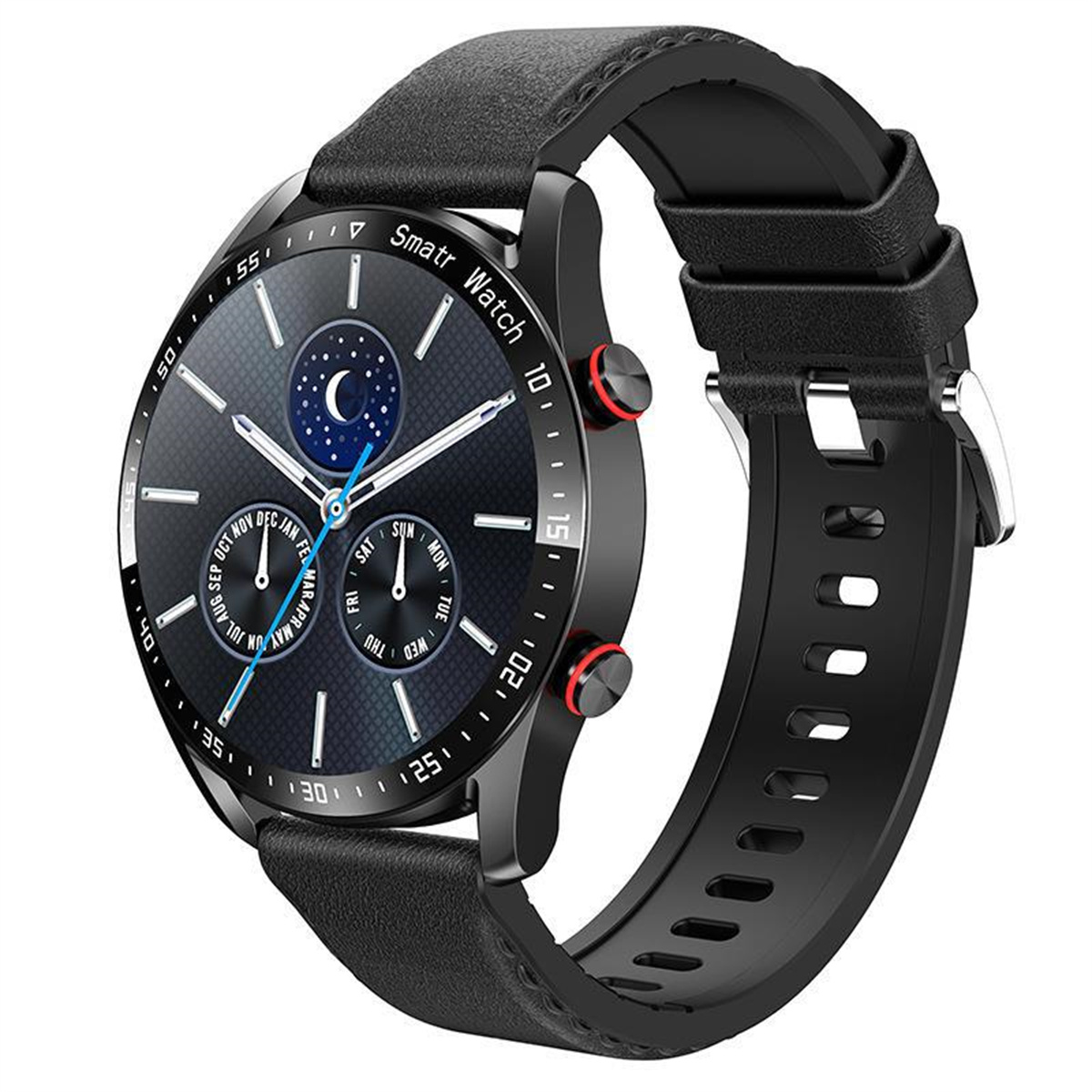 Eine schwarze und silberne Smartwatch mit schwarzem Lederarmband.