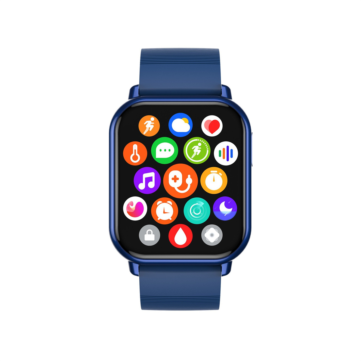 Smartwatch mit blauem Armband. Der Bildschirm hat mehrere Symbole, darunter Gesundheit und Soziales. Blaues Armband.