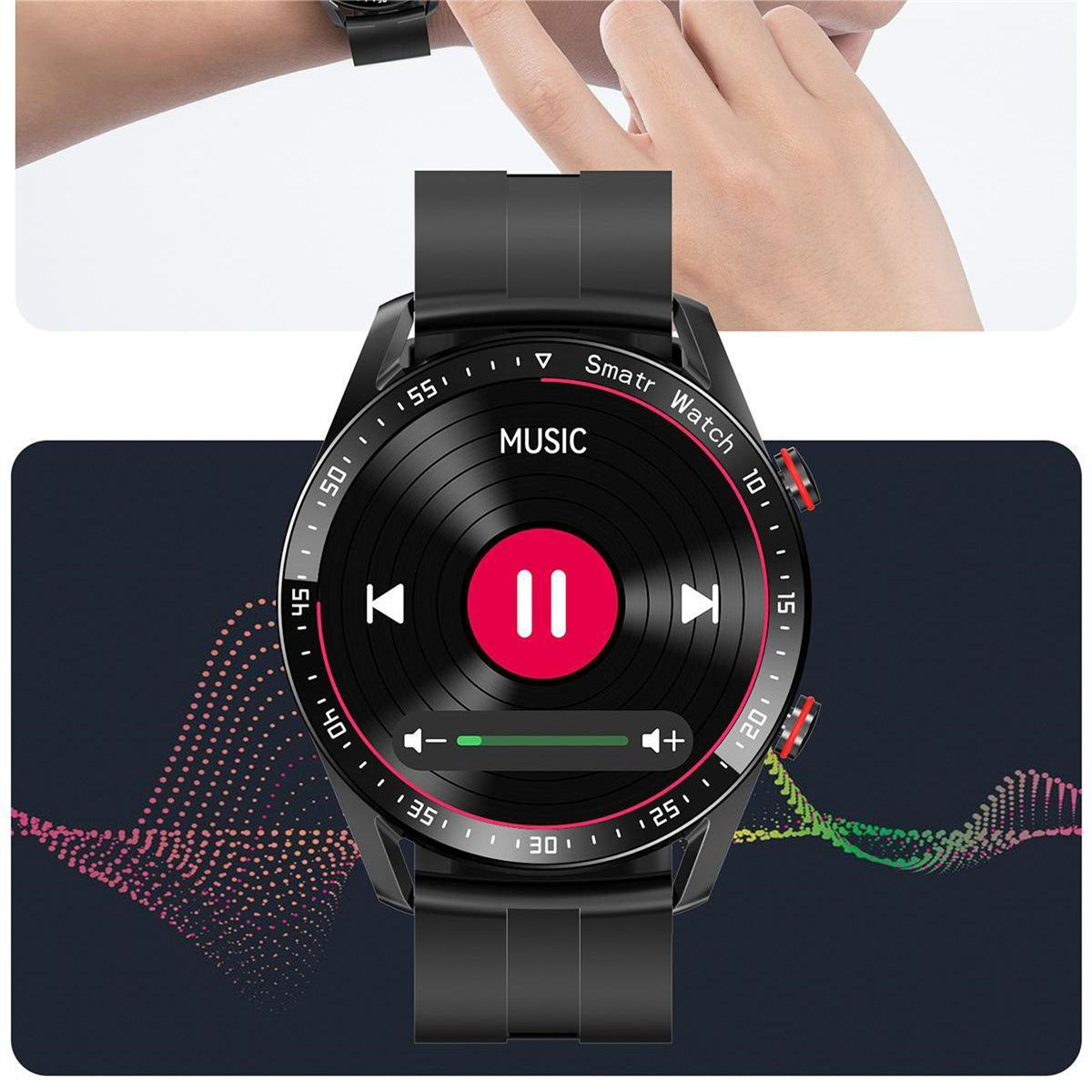 Eine schwarze Smartwatch mit Musikoberfläche wird angezeigt, im Hintergrund eine Hand.