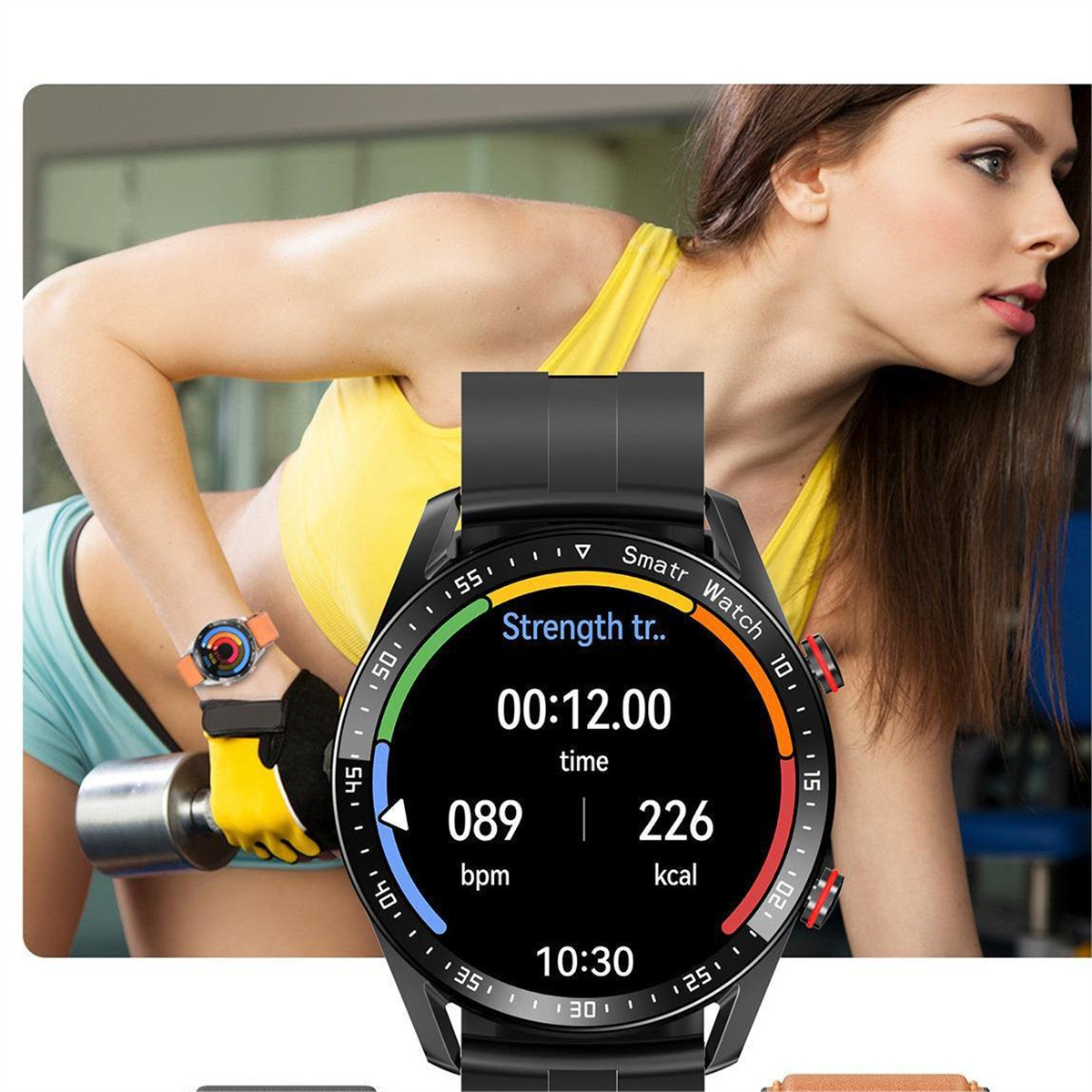 Frau beim Training, schwarze Smartwatch zeigt Zeit, Herzfrequenz und Kalorien. Orange Uhr am anderen Handgelenk.