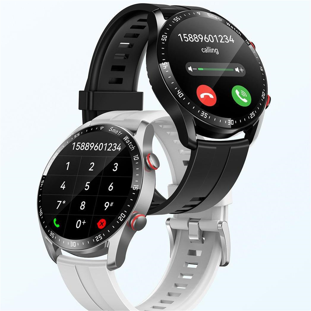 Zwei Smartwatches werden angezeigt. Eine ist schwarz und die andere weiß. Beide zeigen einen Anrufbildschirm.