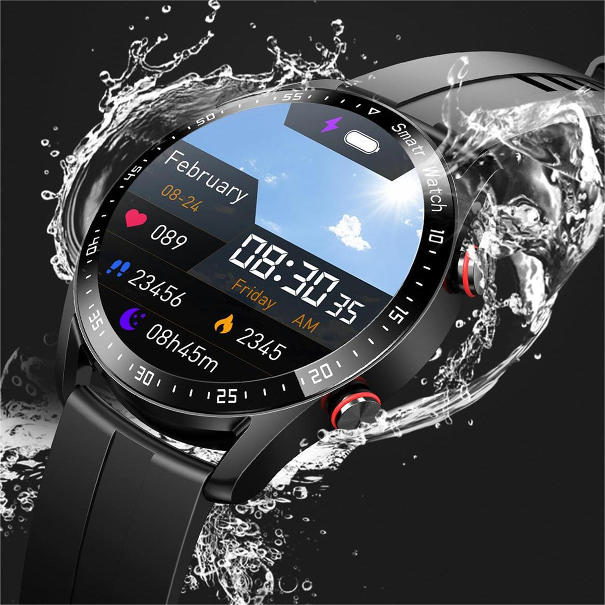 Schwarze Smartwatch, die Uhrzeit, Datum und Gesundheitsdaten anzeigt. Wasserspritzer im Hintergrund.