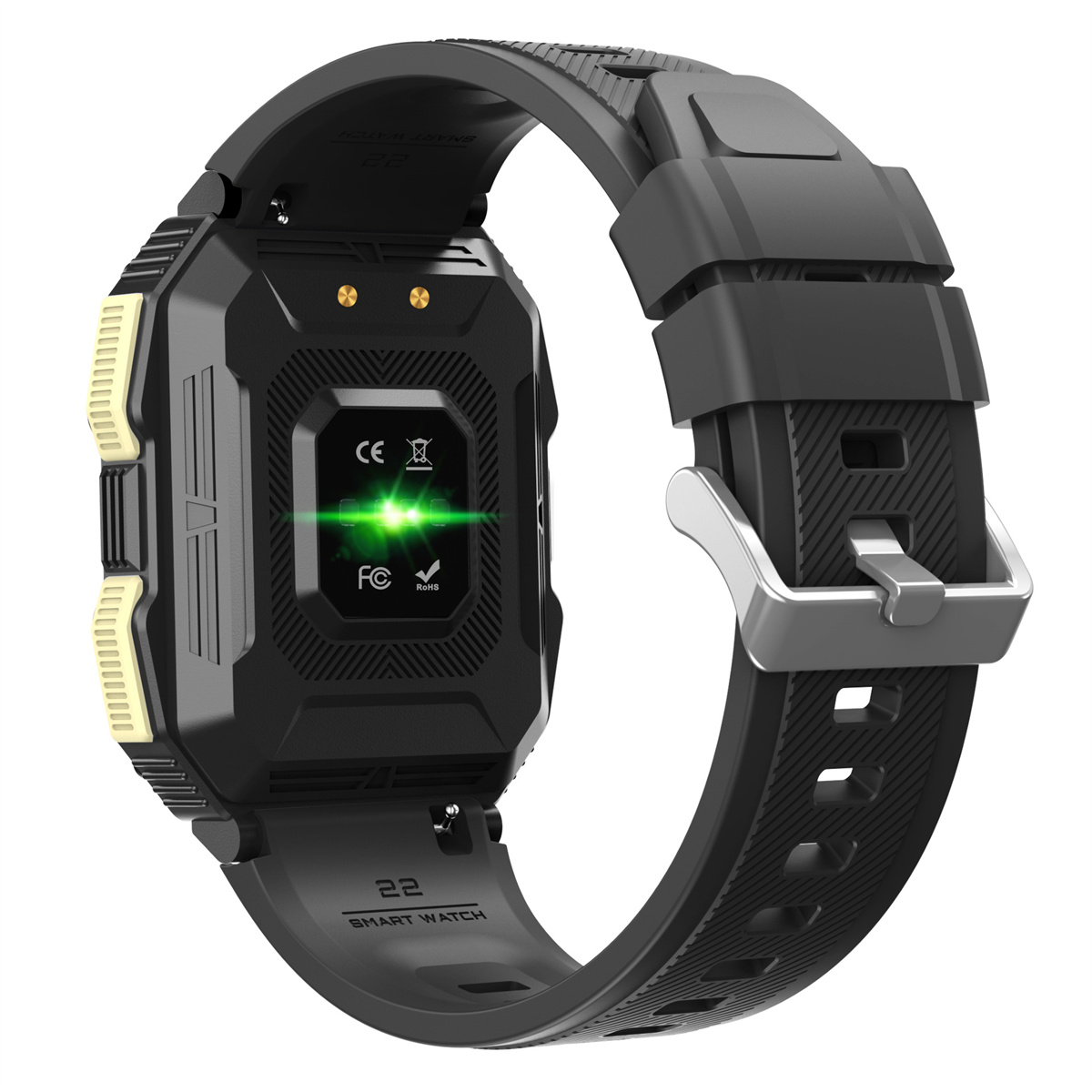 Schwarz-graue Smartwatch mit schwarzem Armband, Rückseite zeigt grünes Licht.