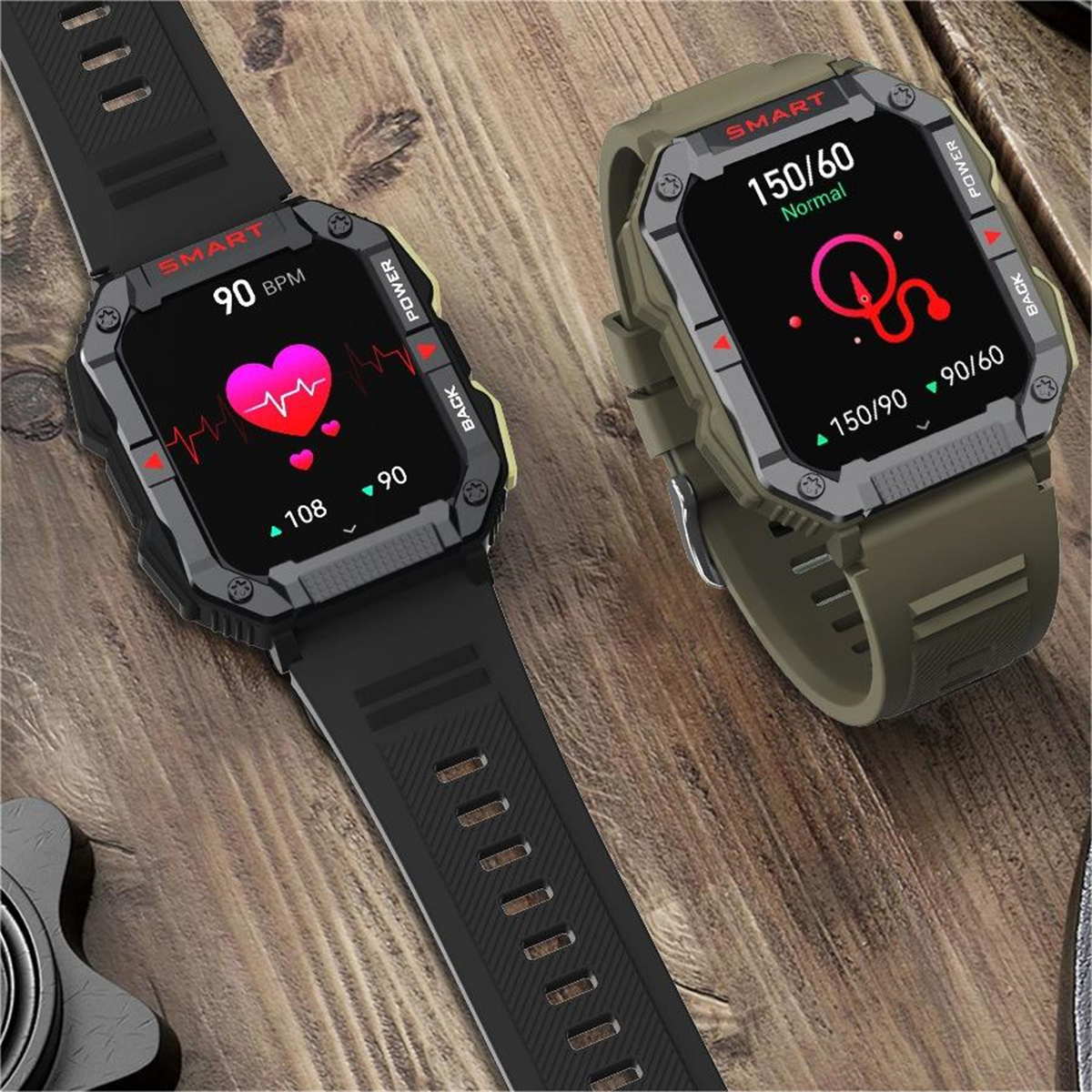 Zwei Smartwatches zeigen Gesundheitsmetriken, Herzfrequenz und Blutdruck an.