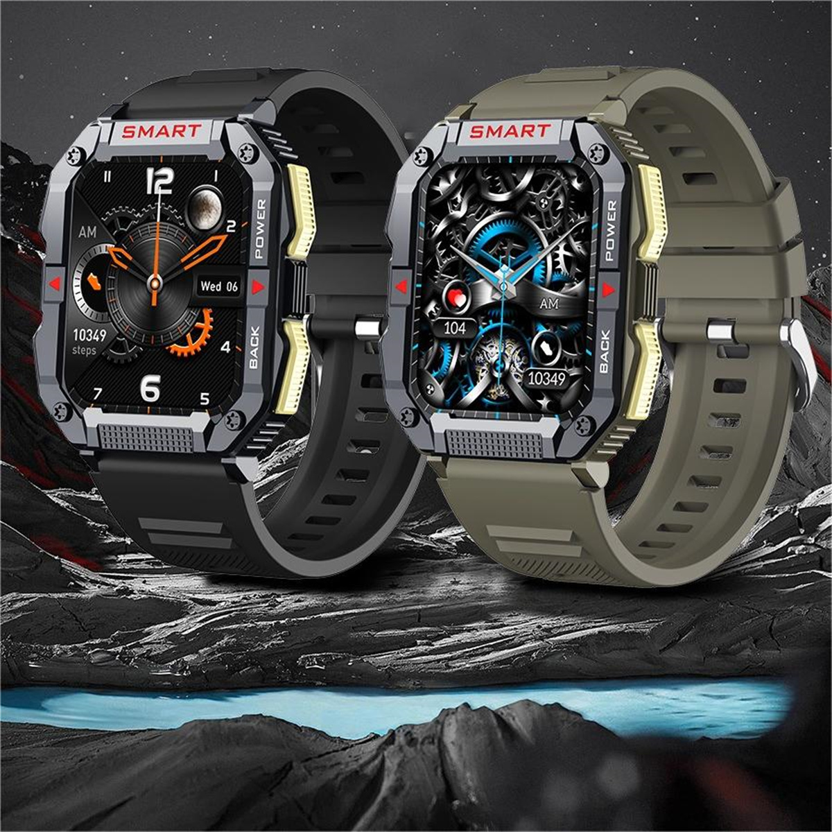 Zwei Smartwatches mit schwarzen und grünen Bändern. Ein Zifferblatt zeigt die Zeit, das andere ein mechanisches Design.