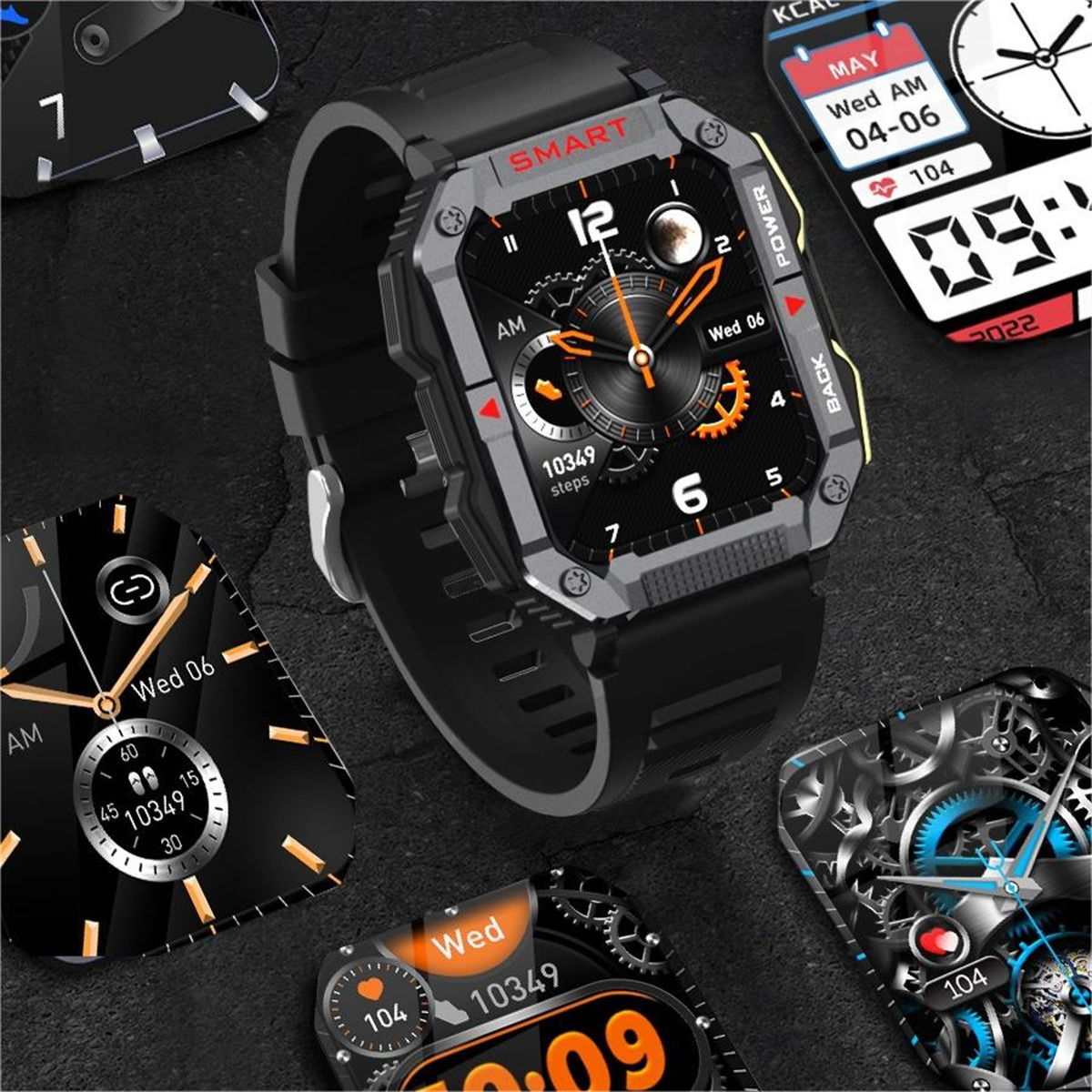 Smartwatch mit mehreren Oberflächen, von anderen Uhren umgeben, schwarzes Armband, weißer Hintergrund.