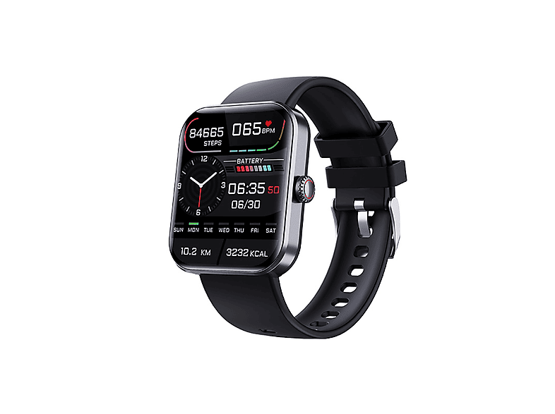 SYNTEK Smart Watch Schwarz Herzfrequenz Blutdruck Oxymetrie Blutzucker Wasserdicht Smartwatch Aluminium Umweltfreundliches Silikon, 220mm, Schwarz