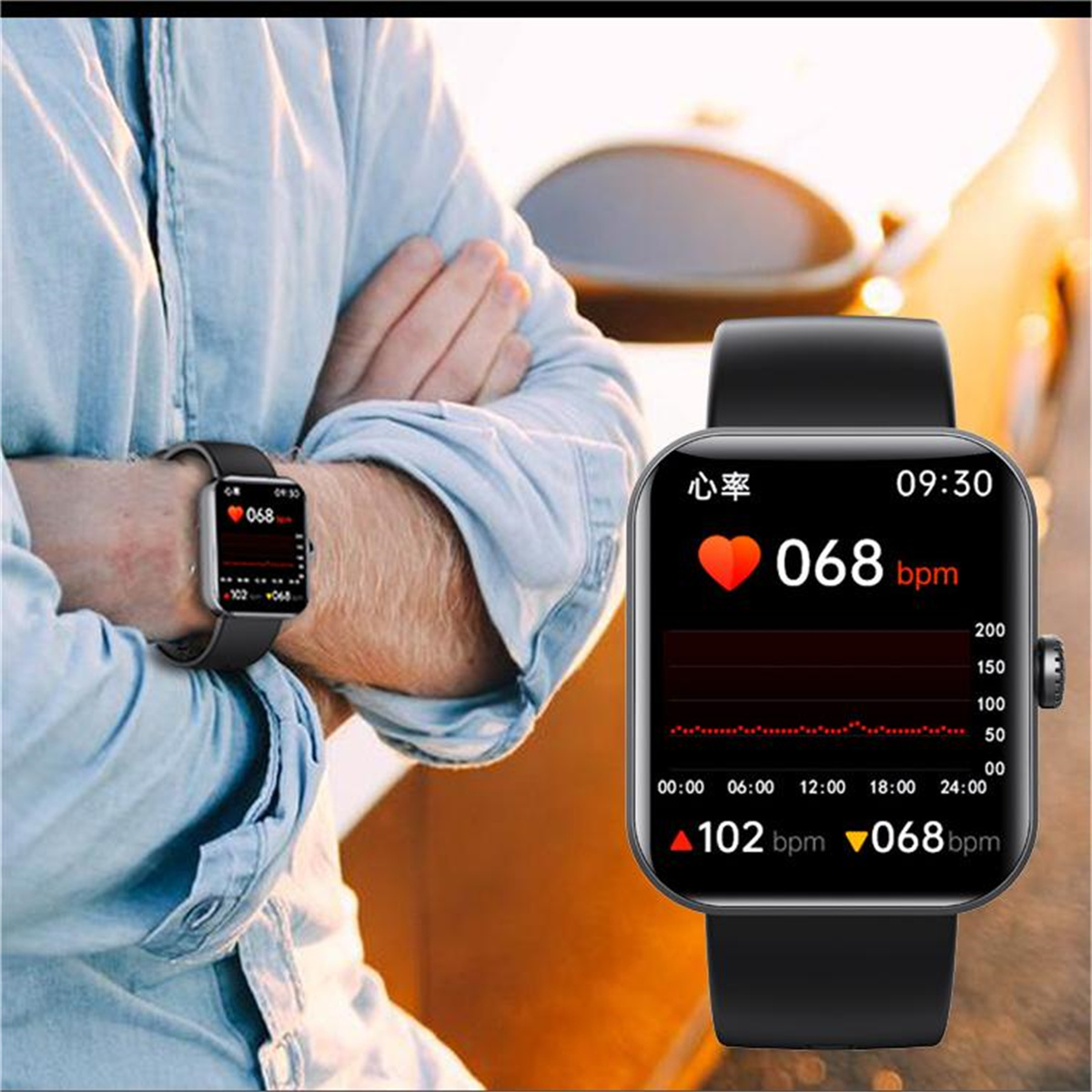 Una persona que lleva un reloj inteligente que muestra la frecuencia cardíaca, la hora y un gráfico.