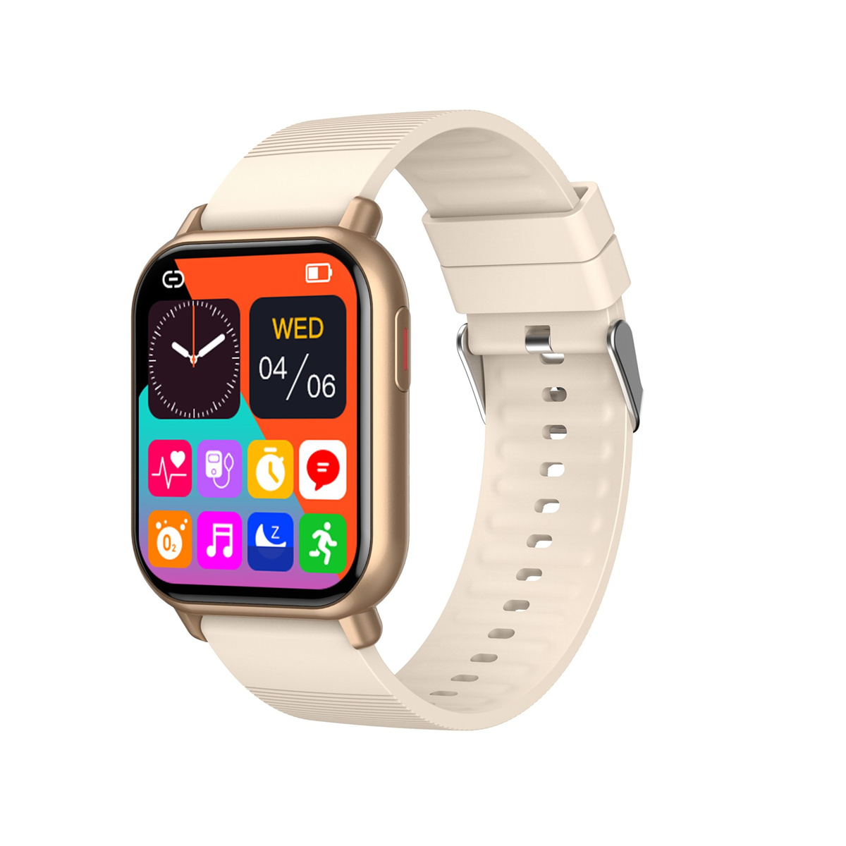 Goldene Smartwatch mit cremefarbenem Armband. Anzeige zeigt Datum, Uhrzeit und verschiedene App-Symbole.