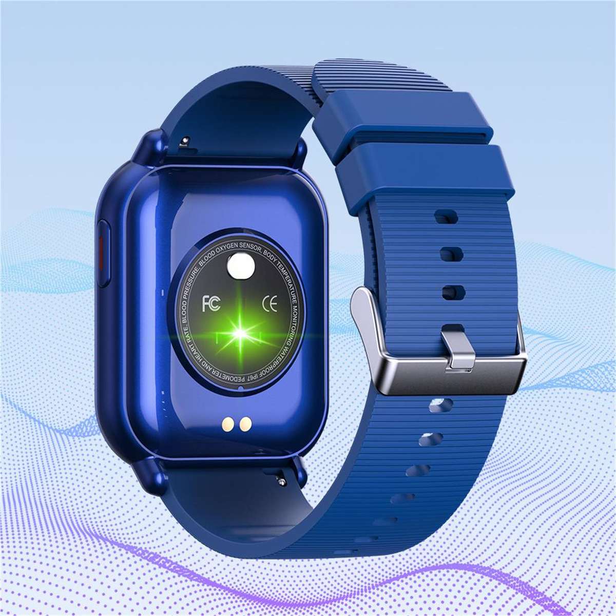 Blaue Smartwatch mit blauem Armband. Das Zifferblatt zeigt Text und ein grünes Licht.