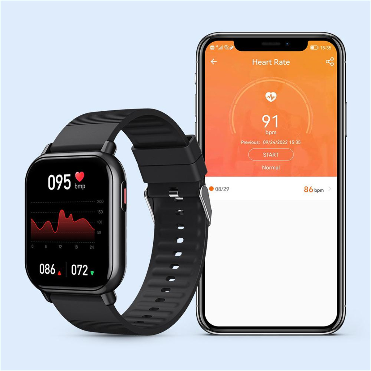 Schwarze Smartwatch mit Herzfrequenzanzeige neben einem Smartphone mit Herzfrequenzdaten.