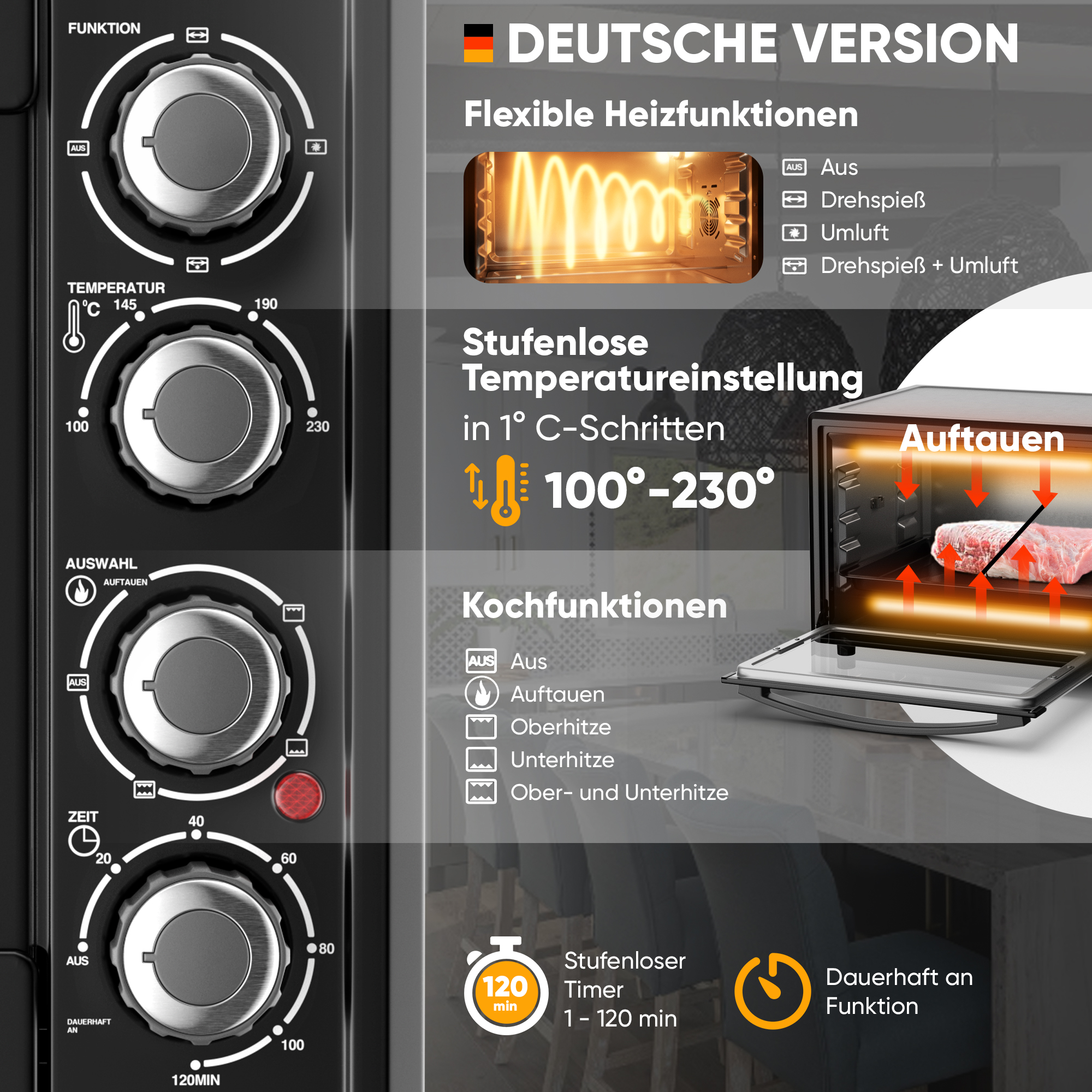 Nahaufnahme der Ofenbedienelemente mit Drehreglern und Temperatureinstellungen.