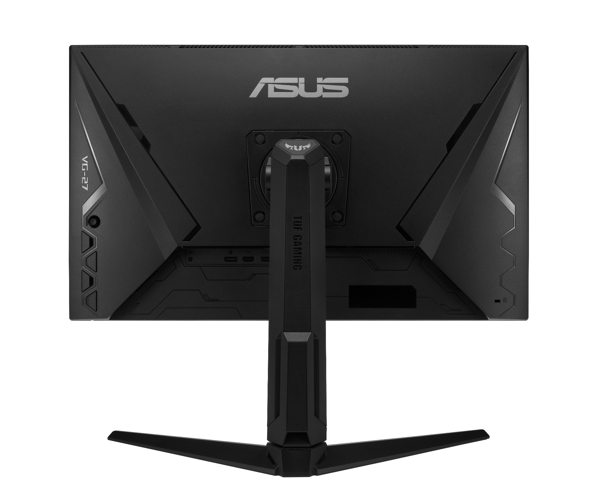 Retro di un monitor ASUS VG-27 nero. Ha un supporto e le parole ASUS e TUF GAMING.